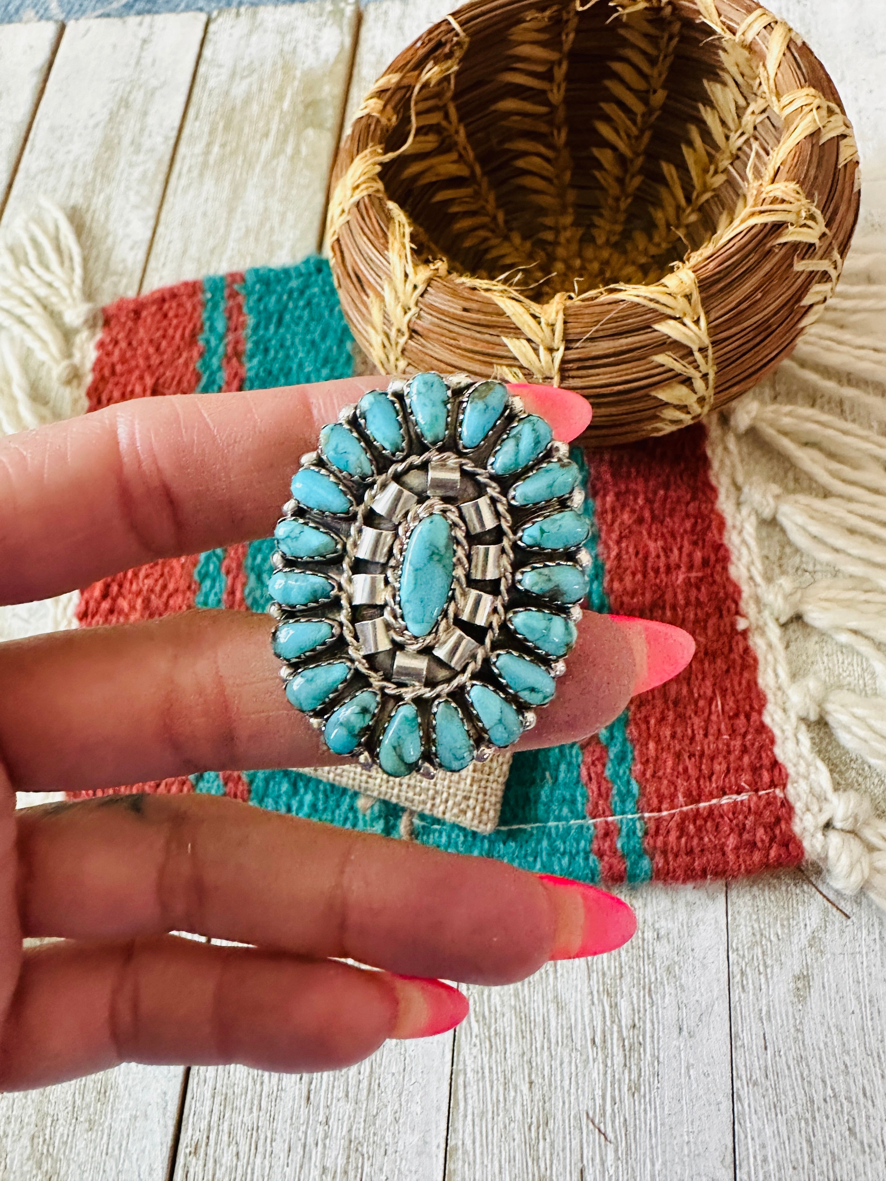 Handcrafted Turquoise & Sterling Silver Cluster Ring Size by Leander Nez