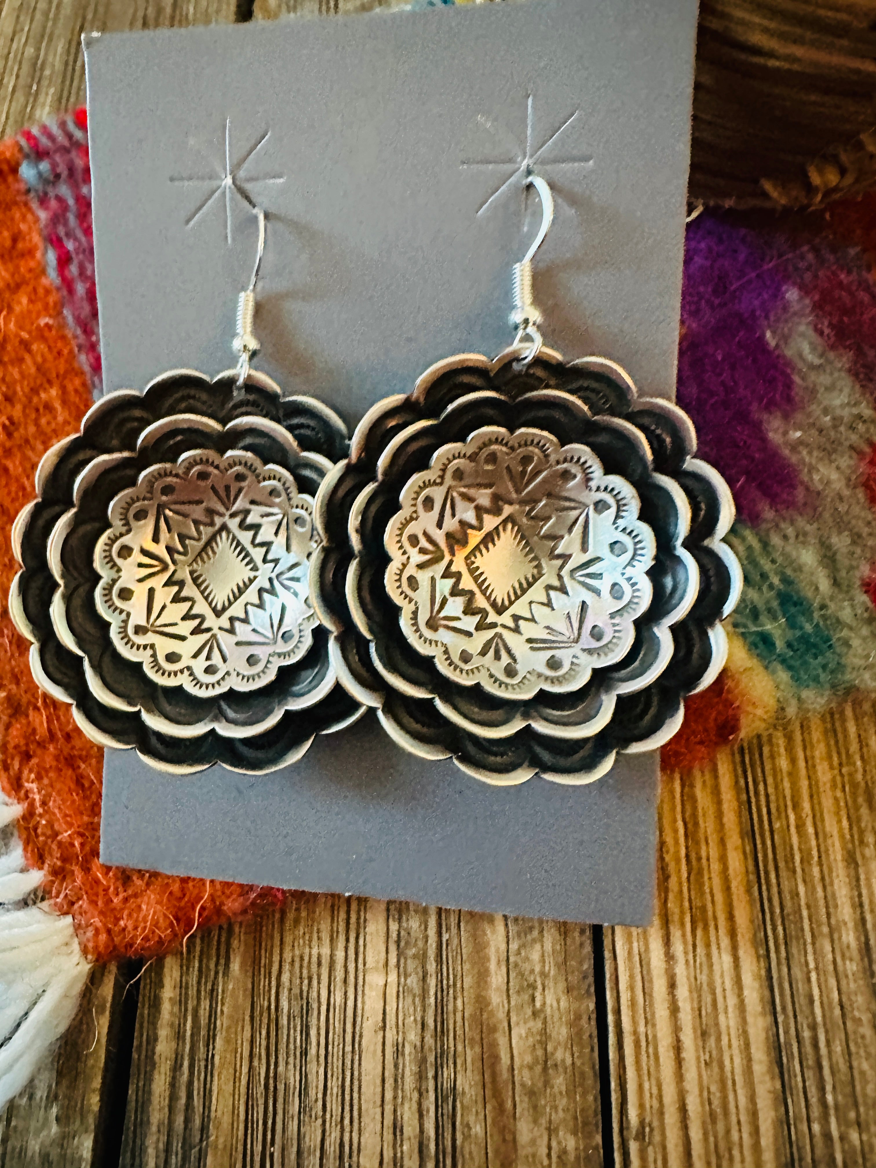 Handcrafted Sterling Silver Concho Dangle Earrings by Leander Tahe
