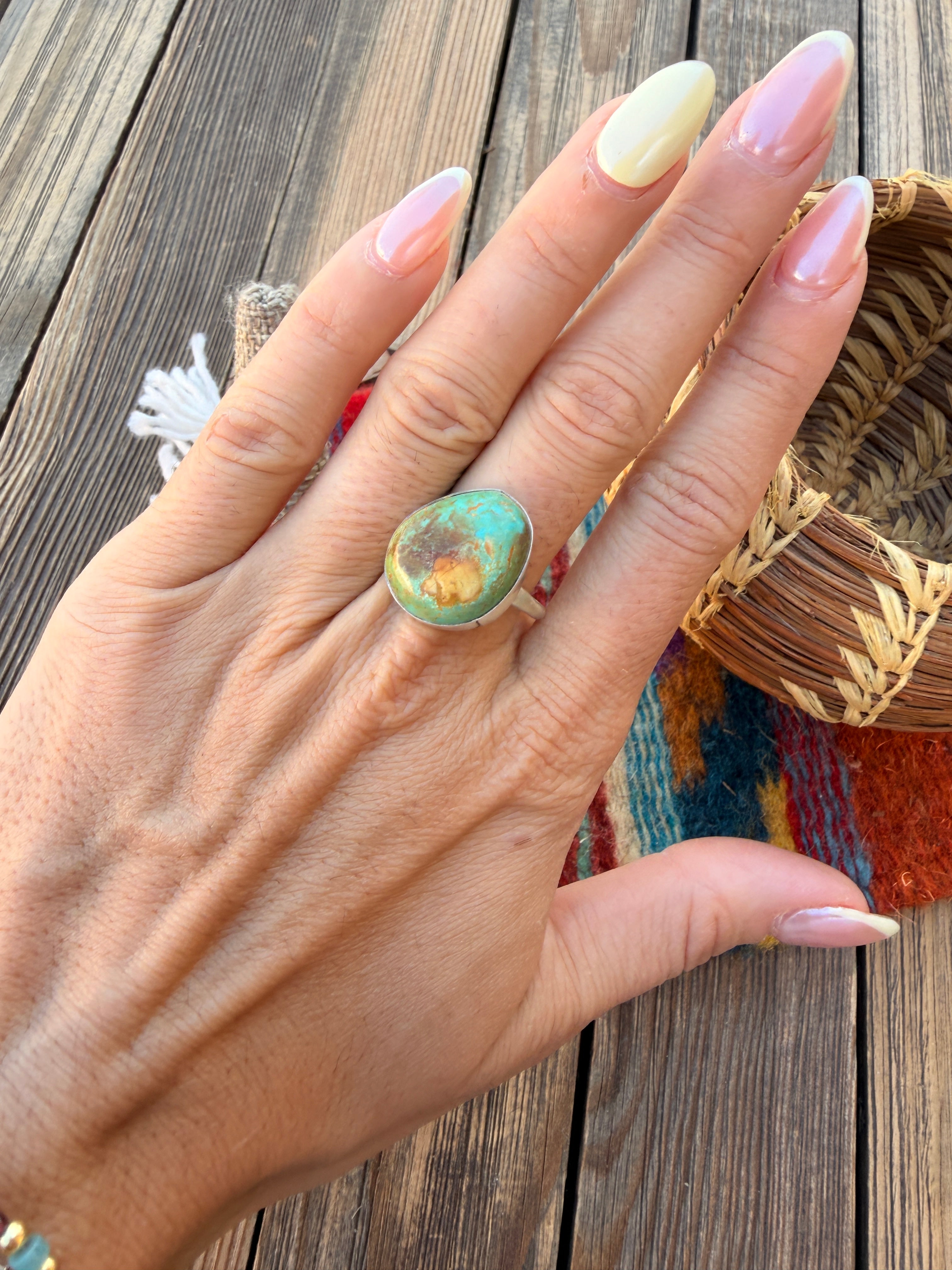 Handcrafted Turquoise & Sterling Silver Ring Size 9