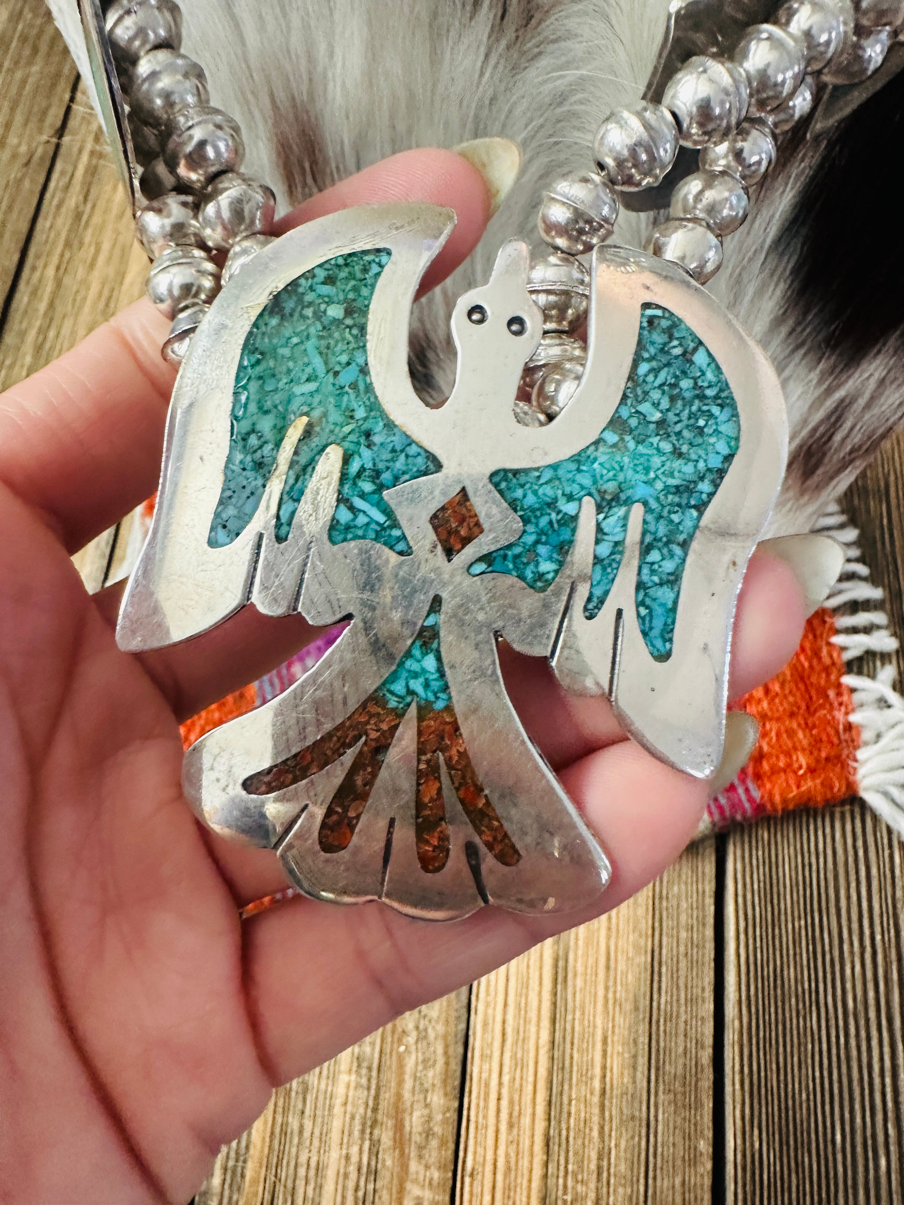 Old Pawn Handcrafted Turquoise, Coral & Sterling Silver Beaded Waterbird Necklace