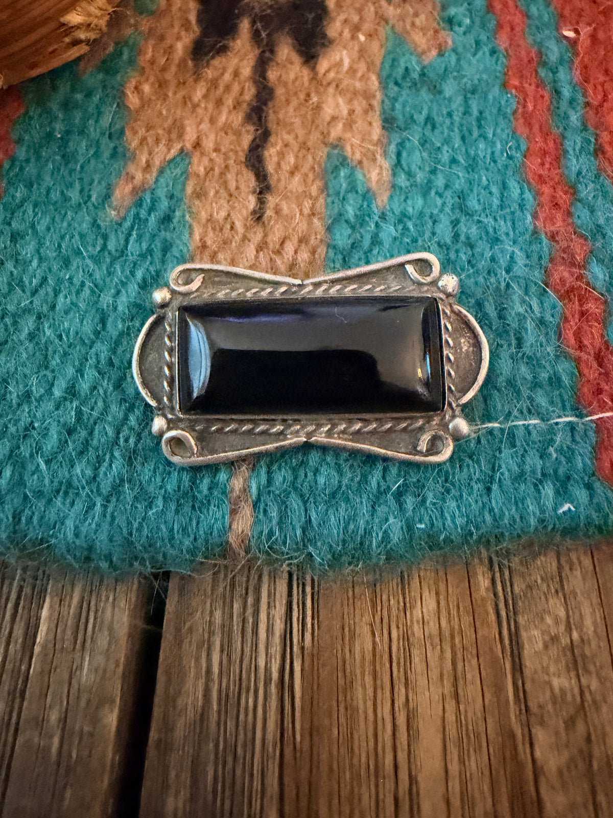 Old Pawn Handcrafted Onyx & Sterling Silver Brooch