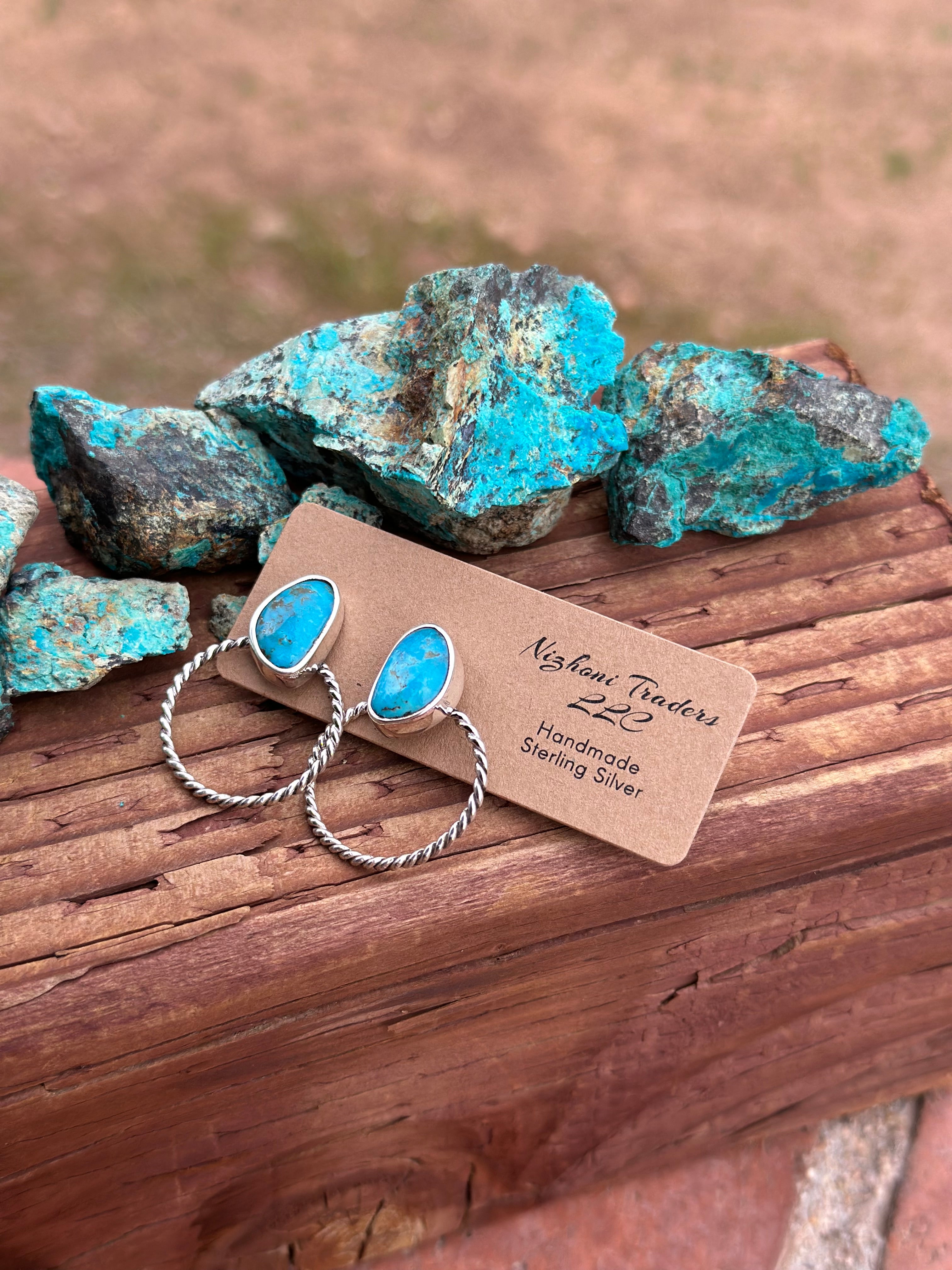 Handmade Kingman Turquoise & Sterling Silver Twisted Hoop Earrings