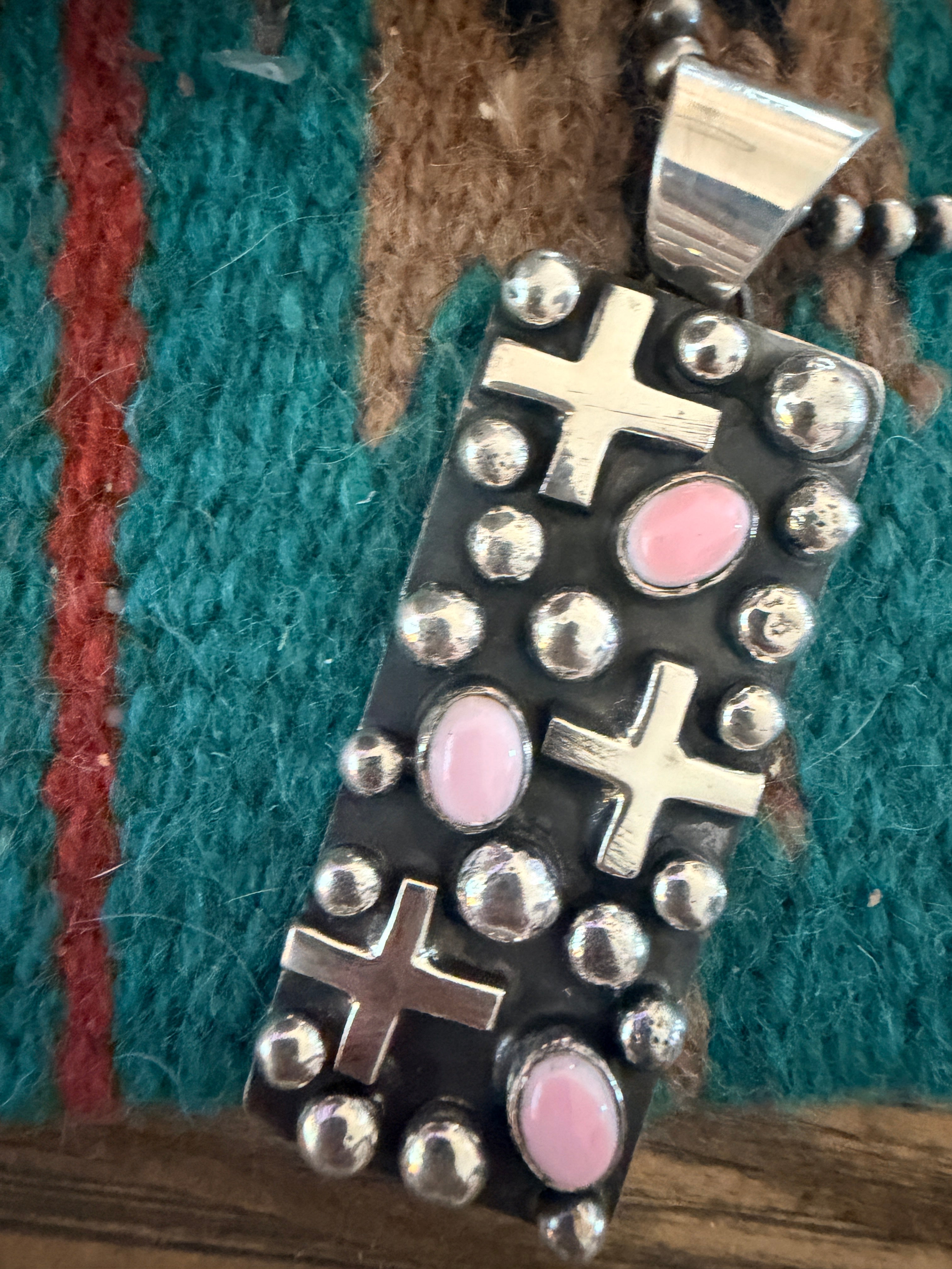 Handcrafted Sterling Silver & Queen Pink Conch Cross Pendant by Chimney Butte