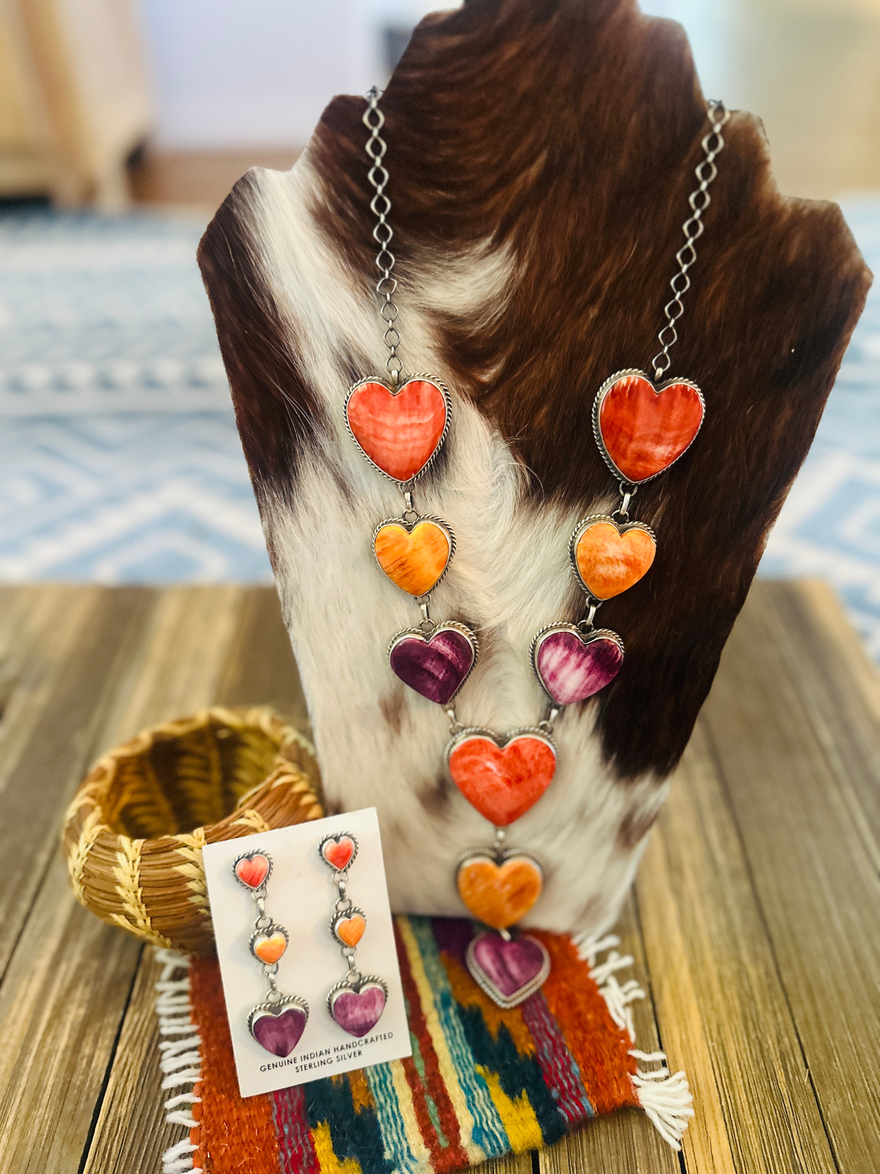 Handcrafted Spiny Oyster & Sterling Silver Heart Necklace and Earring Set by Debra Smith