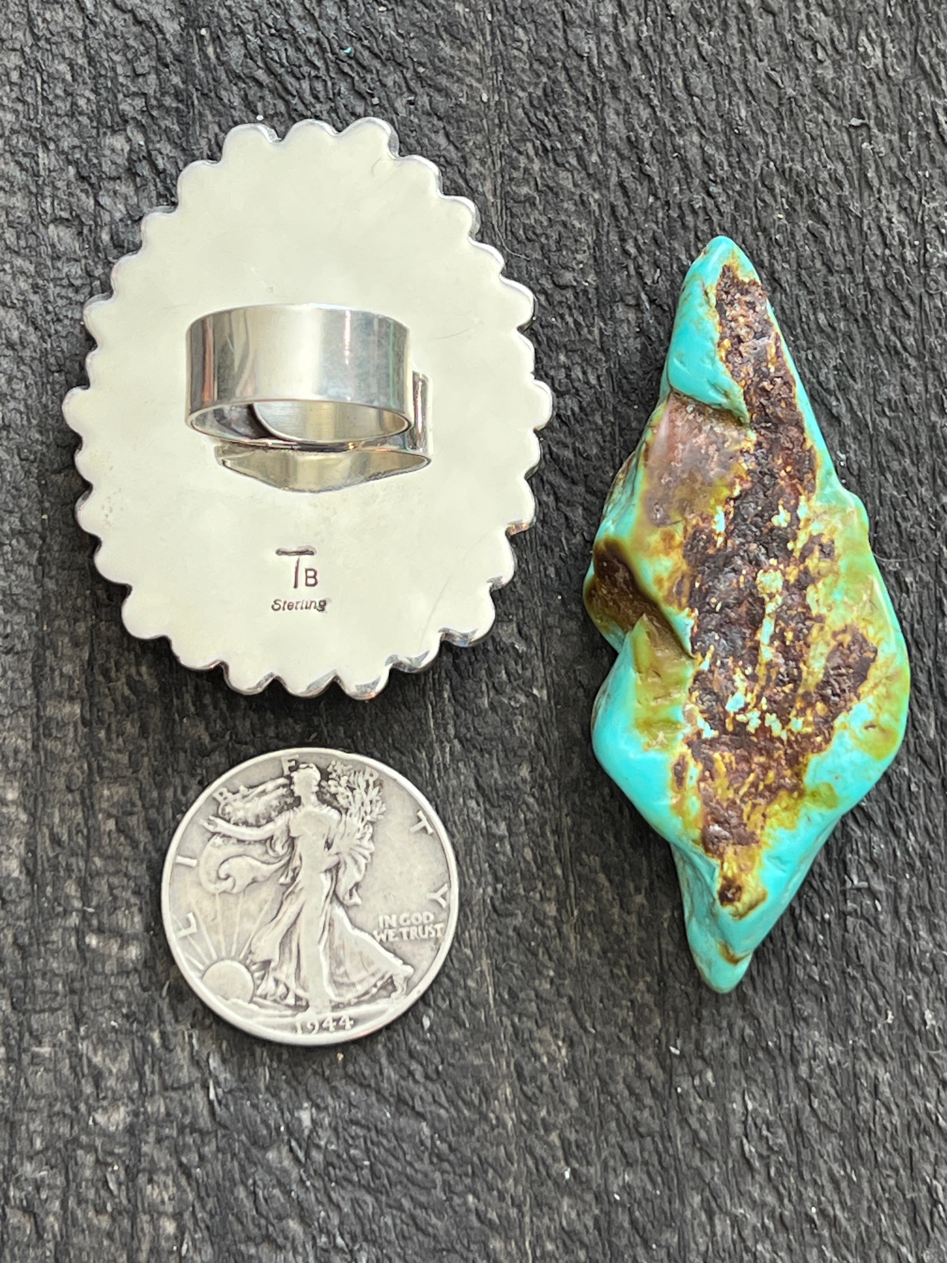 Handcrafted Sterling Silver, Royston Turquoise and Mediterranean Coral Cluster Ring by Tyler Brown, Adjustable