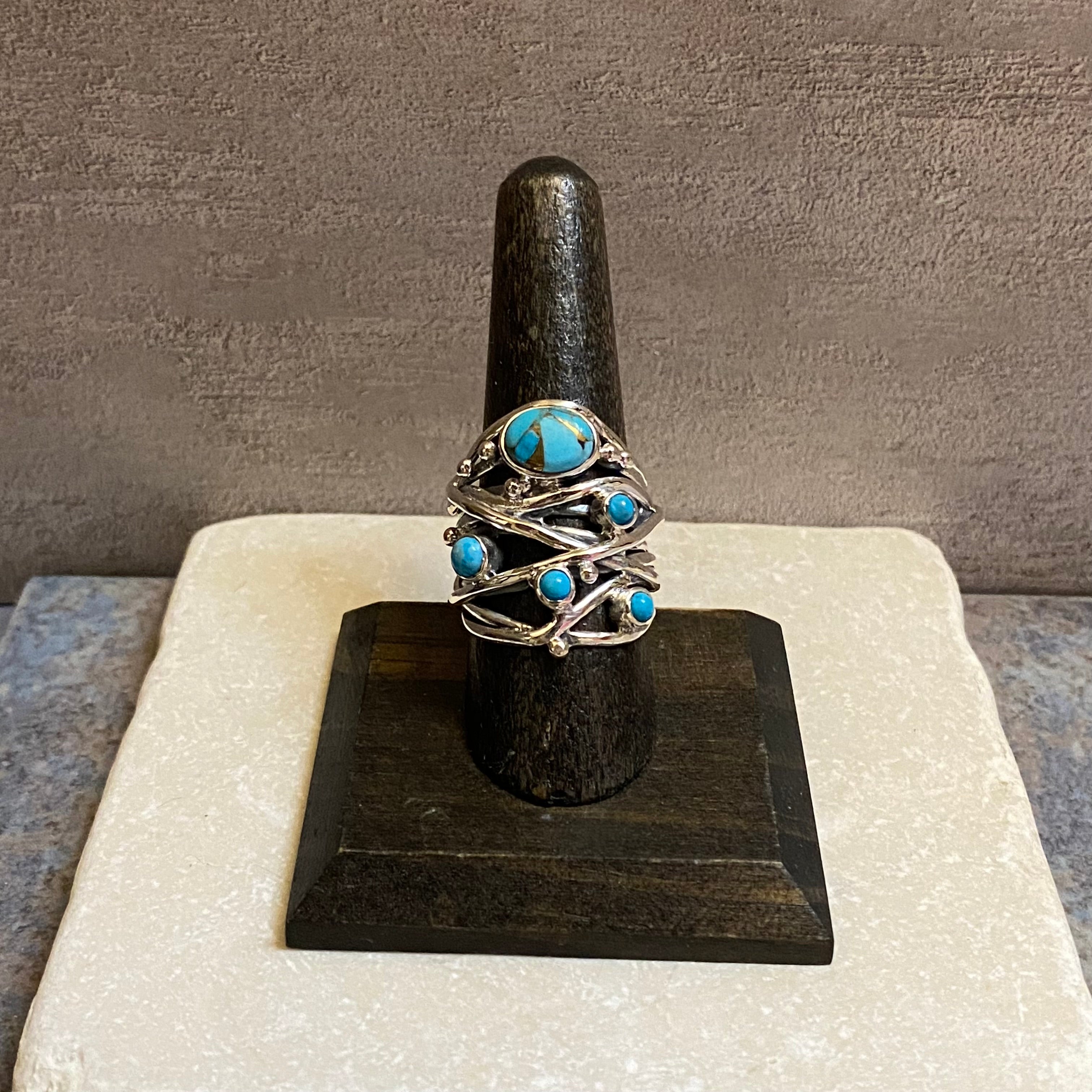 Sterling Silver Five Stone Copper Turquoise Strand Ring Size 8