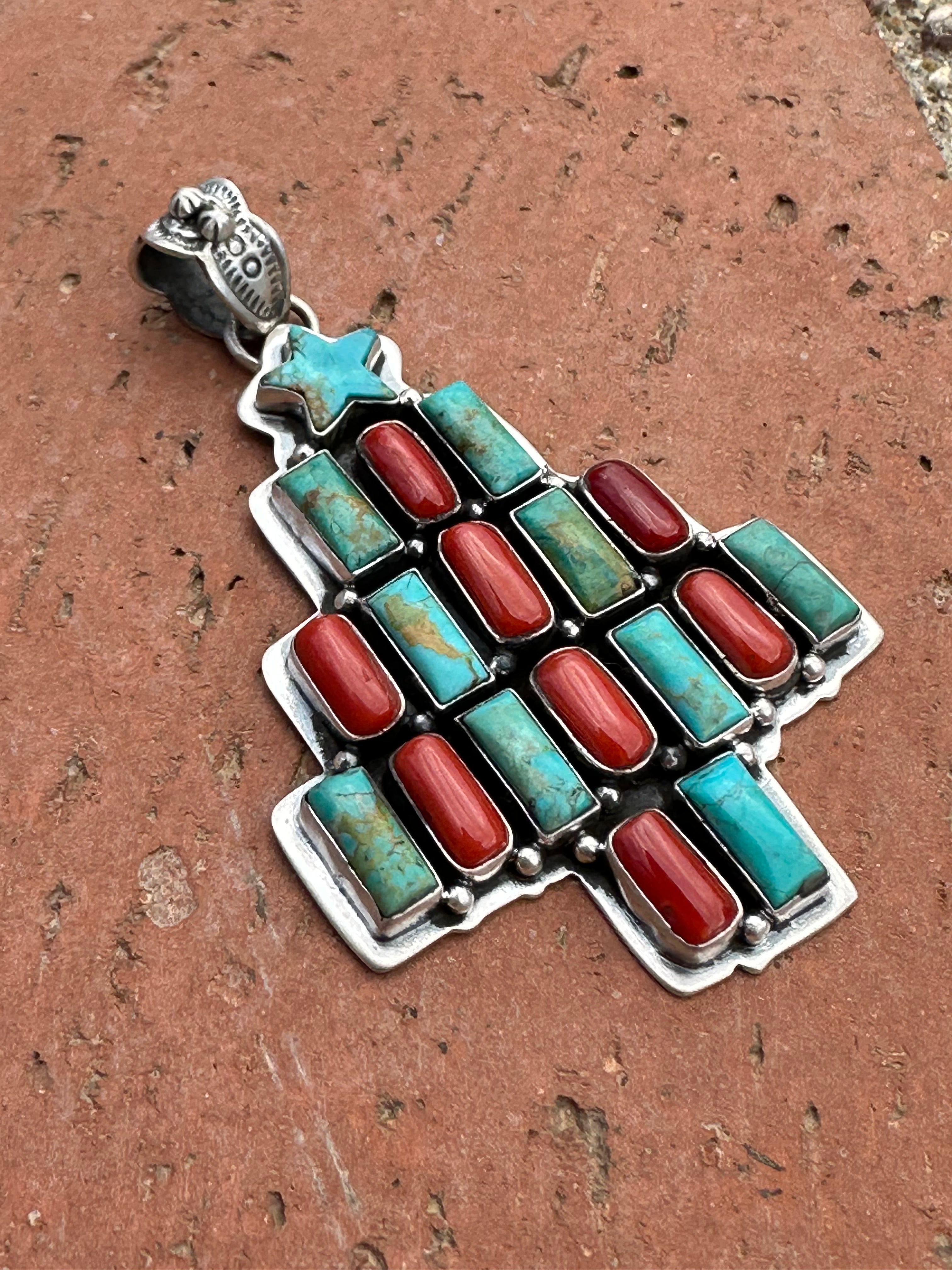 Handmade Sterling Silver, Coral & Turquoise Christmas Tree Pendant