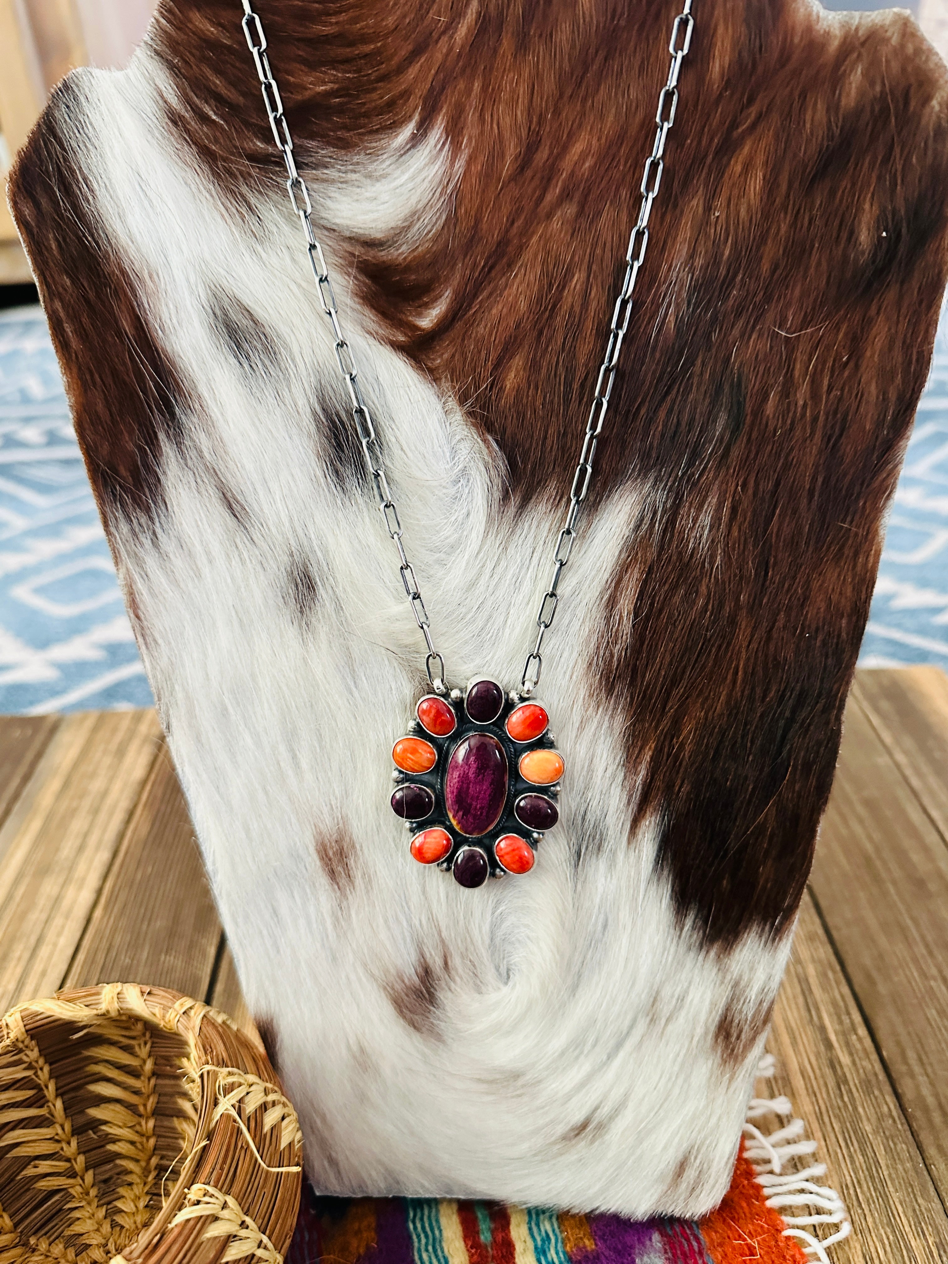 Handcrafted Multicolor Spiny Oyster & Sterling Silver Cluster Necklace by Sheila Becenti