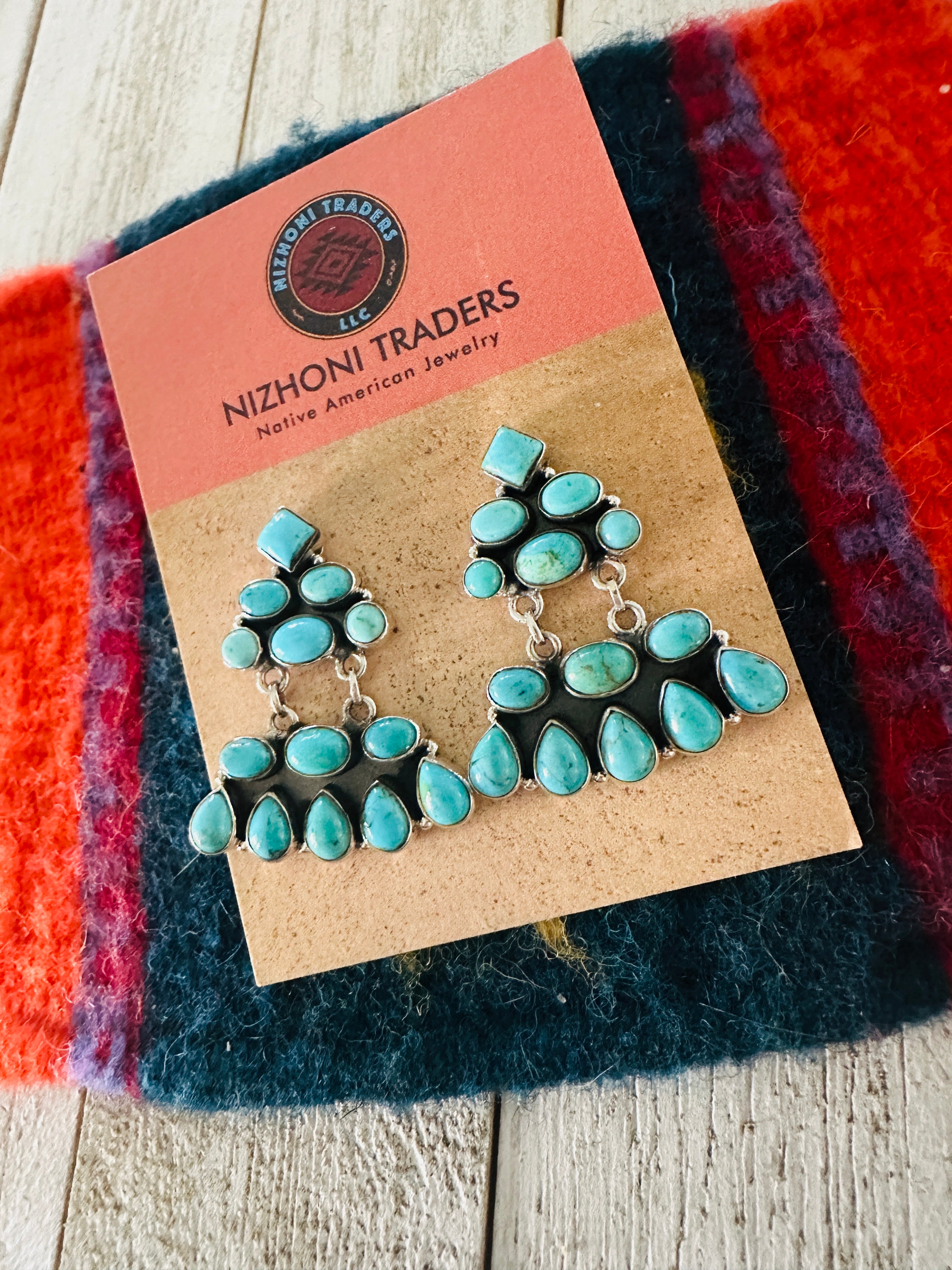 Handmade Turquoise & Sterling Silver Chandelier Dangle Earrings Signed Nizhoni