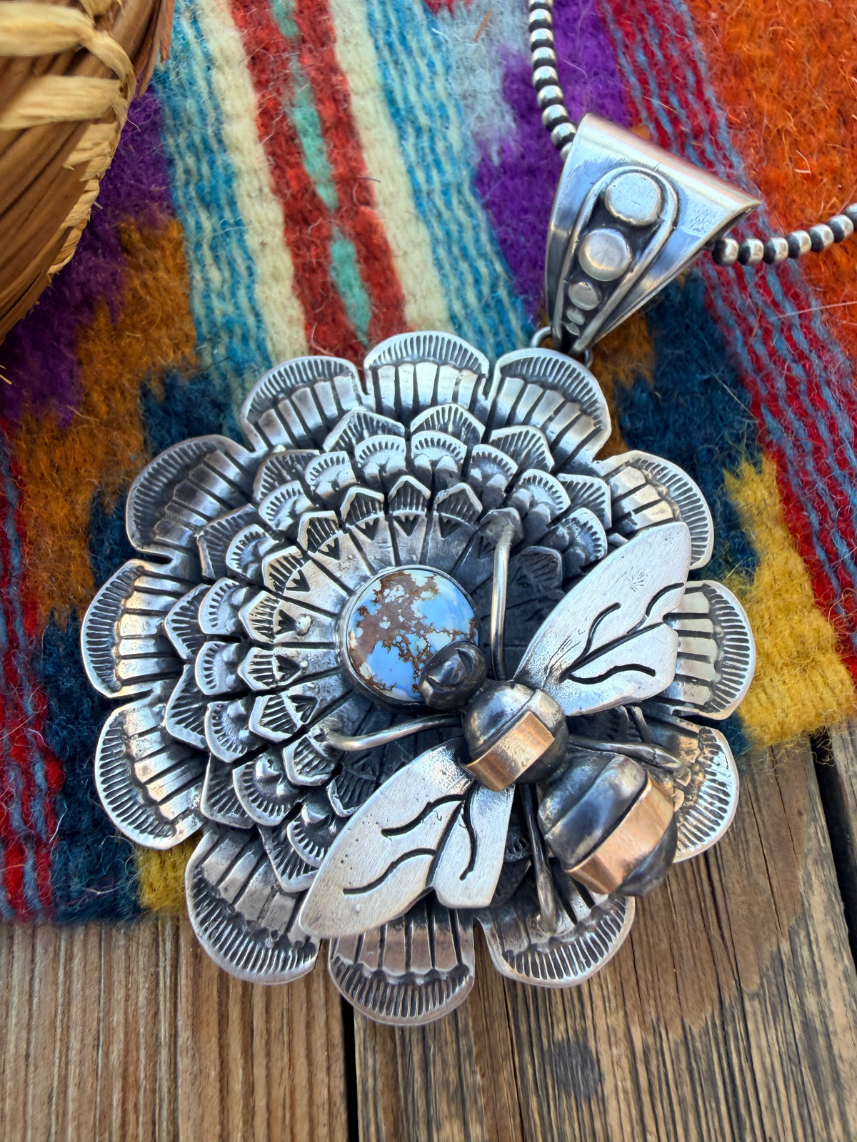 Handcrafted Sterling Silver & Golden Hills Turquoise Sunflower Necklace with Bee by Russell Sam