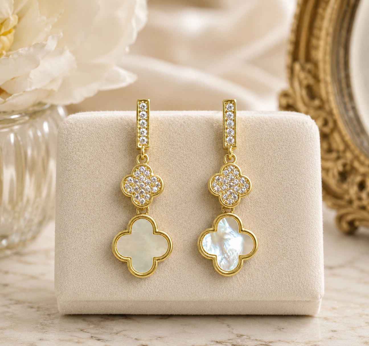 14k Gold Plated CZ Clover Dangle Post Earrings