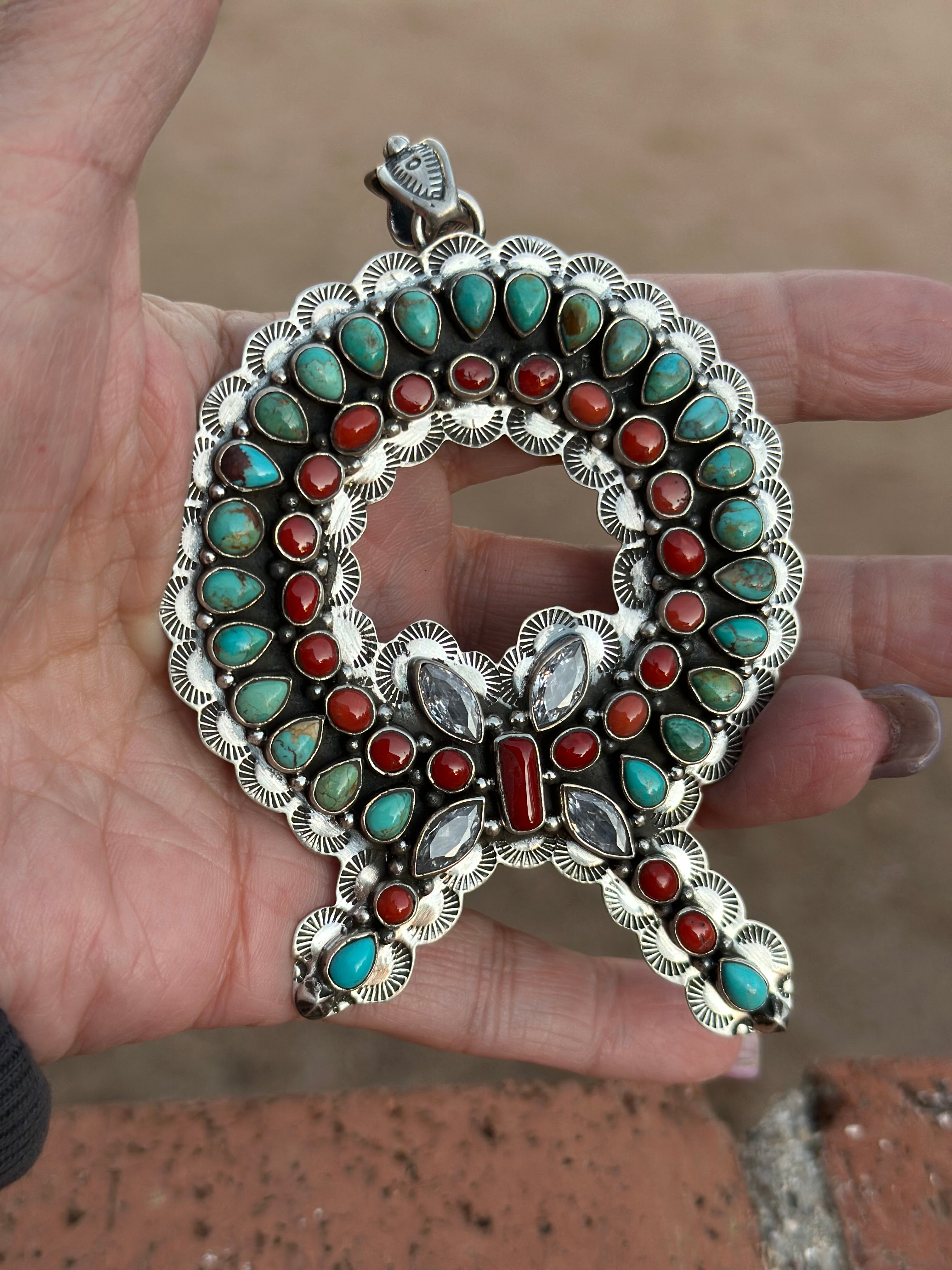 Handmade Sterling Silver, Coral & Kingman Turquoise Christmas Wreath Pendant