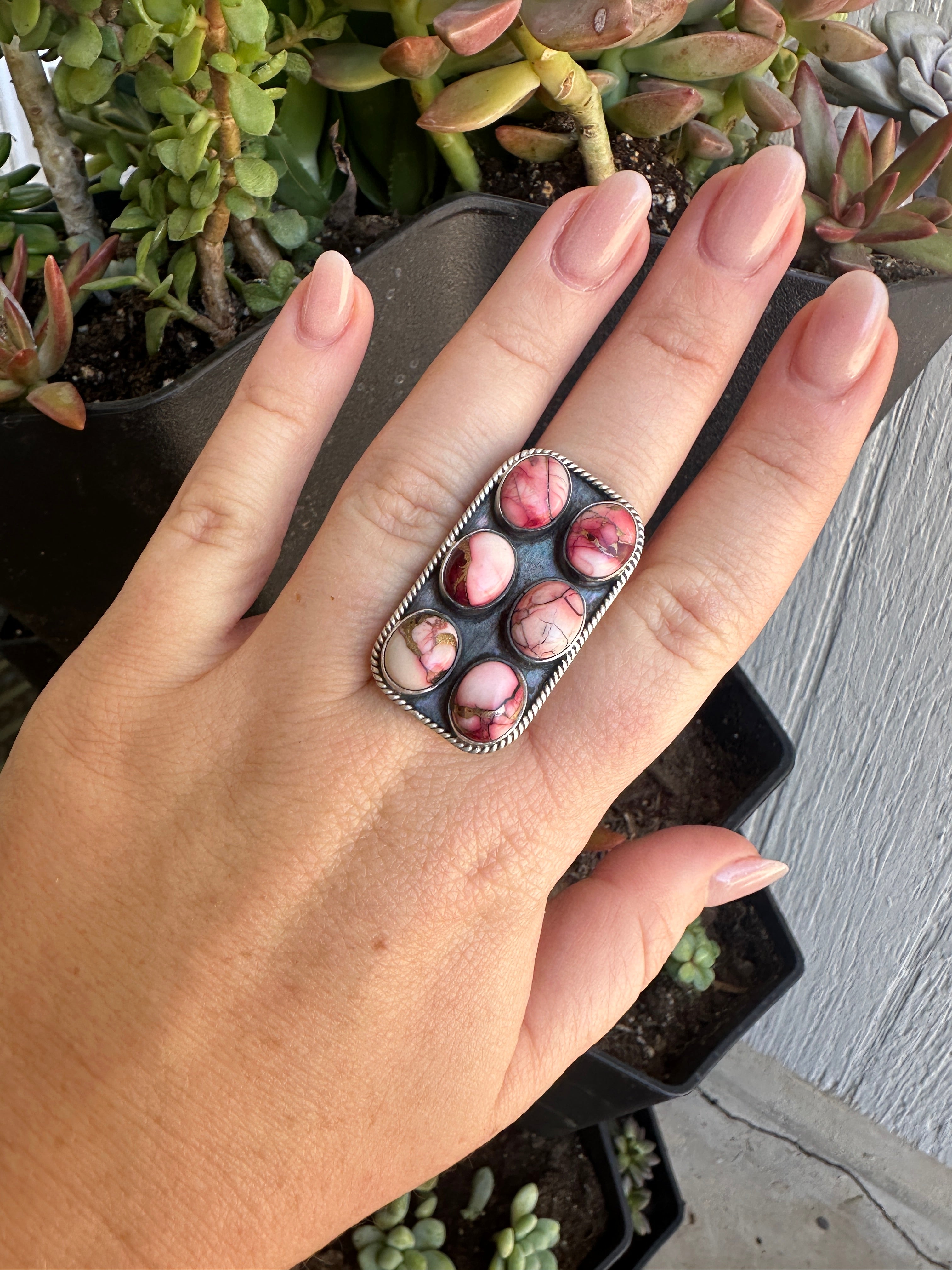 Beautiful Handmade Dahlia Rose And Sterling Silver Adjustable 6 Stone Ring