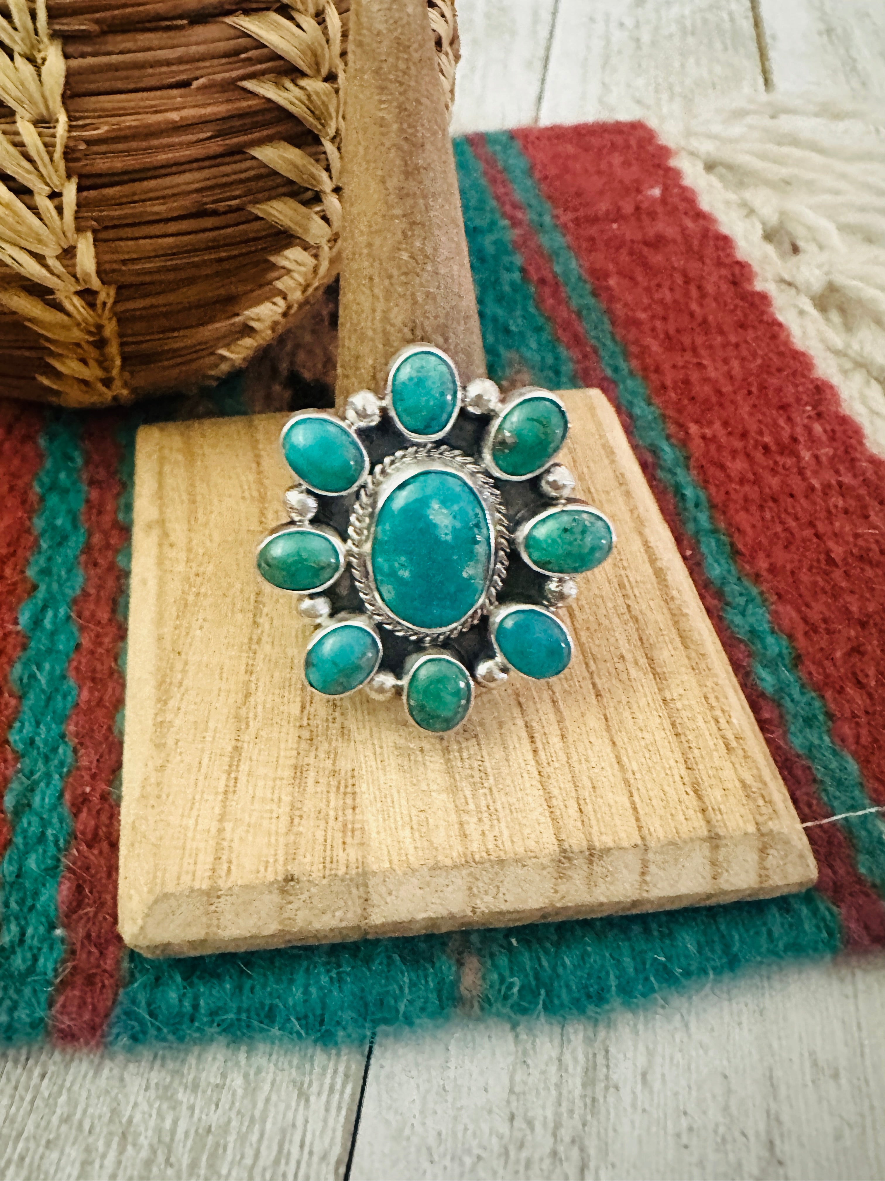 Navajo Sterling Silver & Turquoise Cluster Adjustable Ring