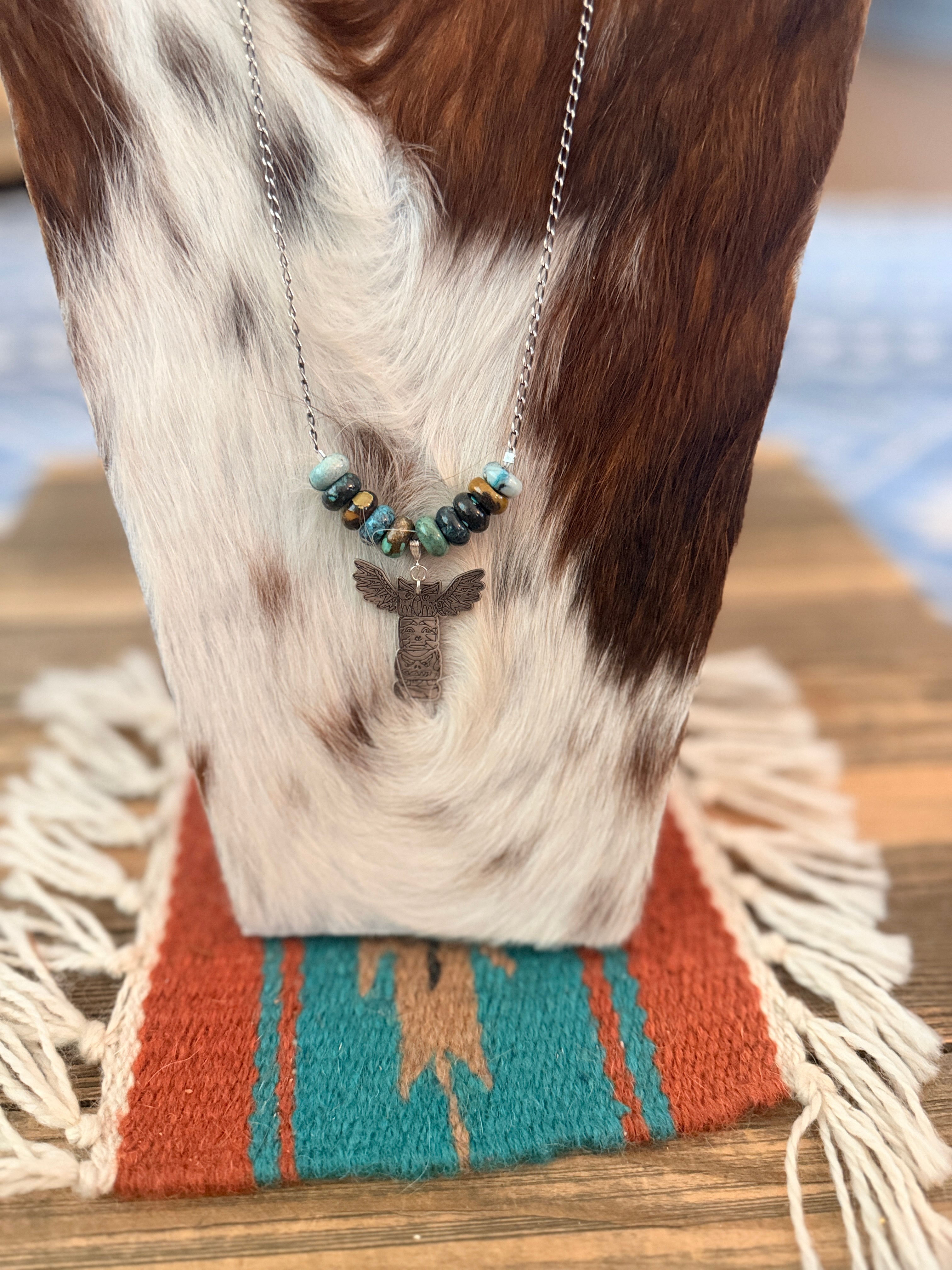 Handmade Sterling Silver & Turquoise Beaded Totem Pole Necklace