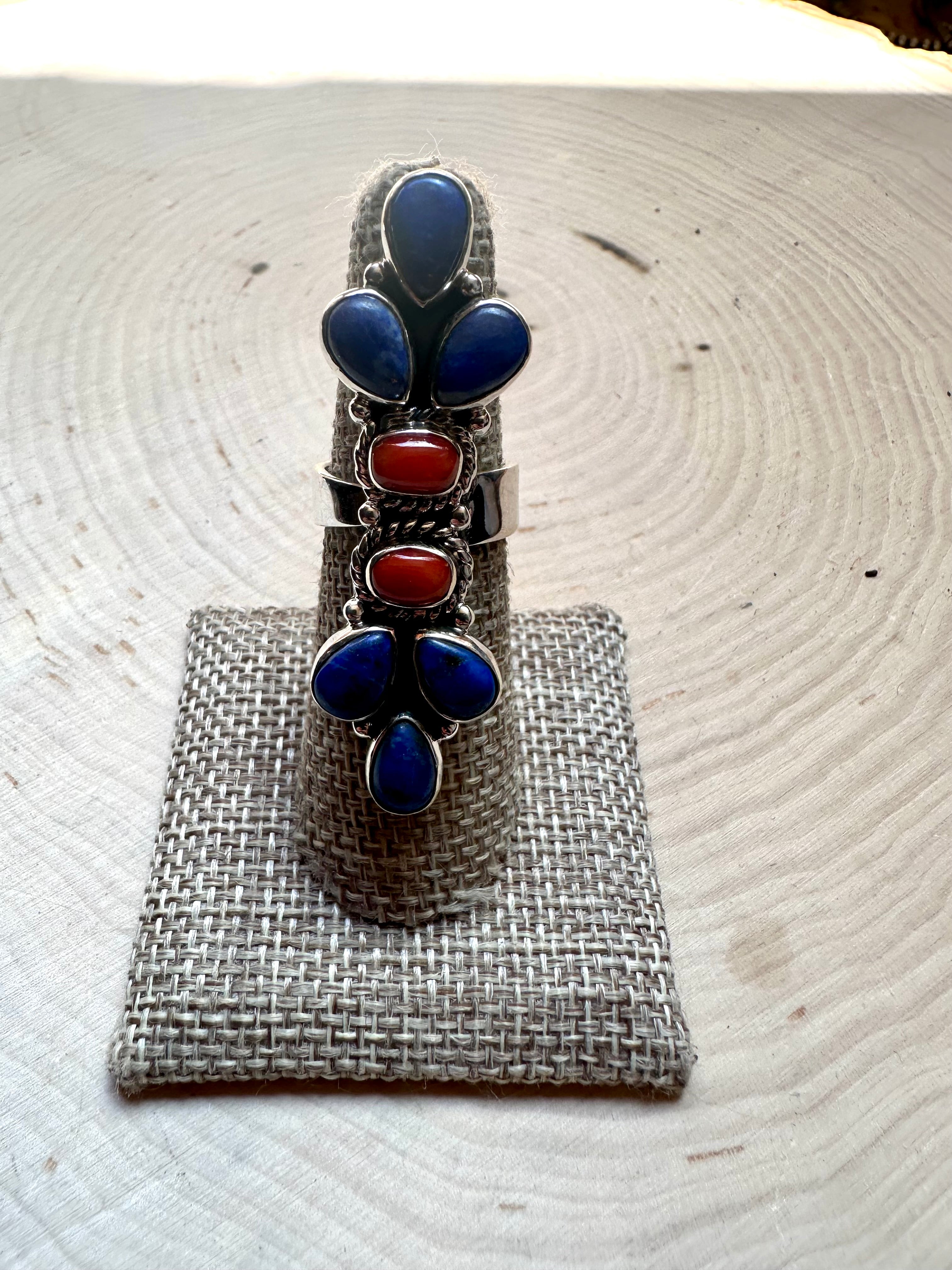 Handmade Lapis, Coral & Sterling Silver Adjustable Ring Signed Nizhoni