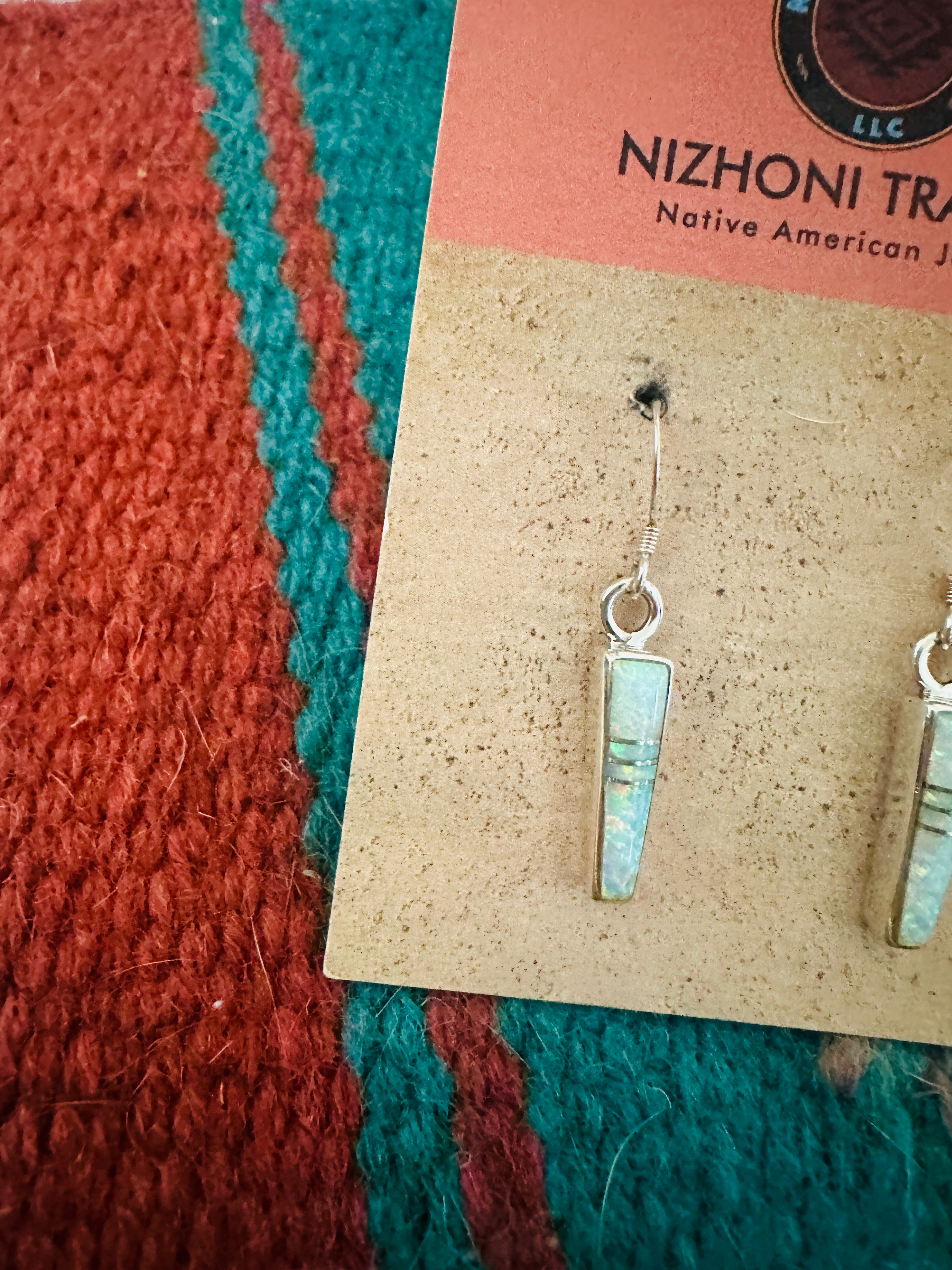 Navajo White Opal & Sterling Silver Inlay Dangle Earrings