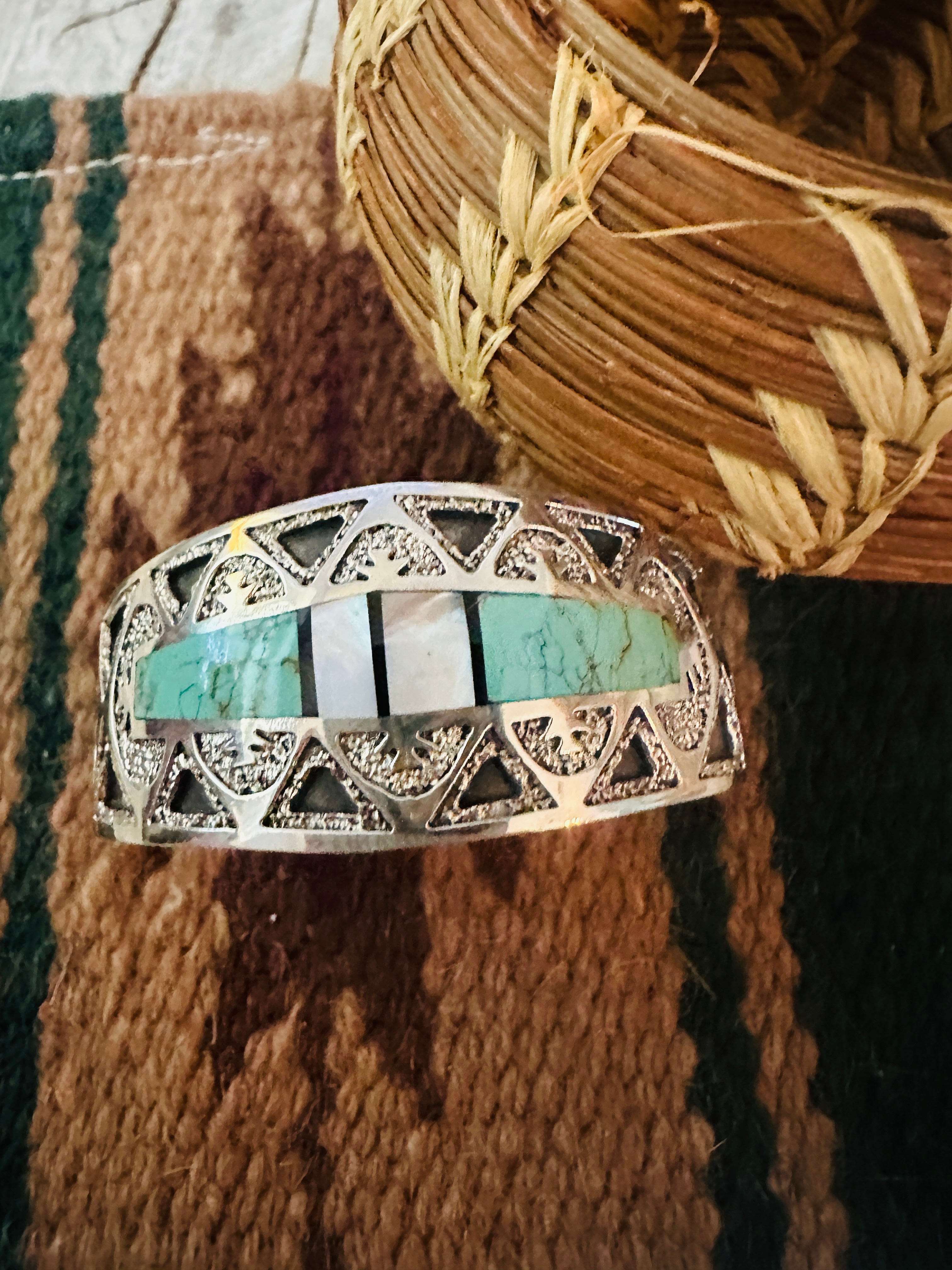 Handcrafted Old Pawn Turquoise, Mother of Pearl & Sterling Silver Inlay Cuff Bracelet /