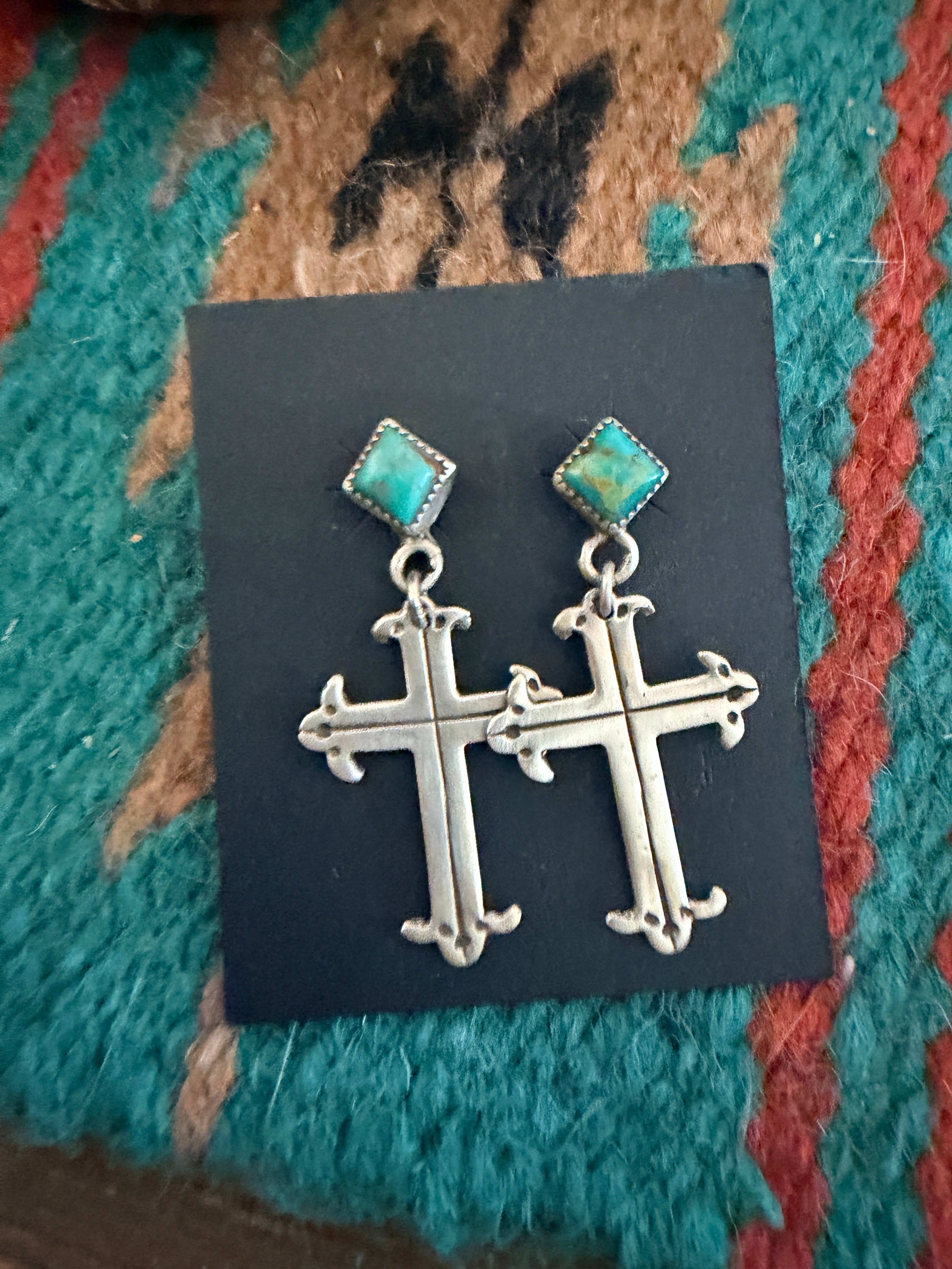 Handcrafted Turquoise & Sterling Silver Cross Dangle Earrings