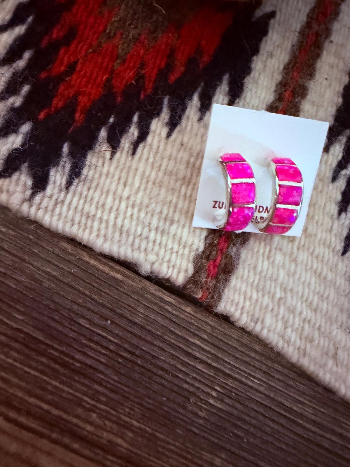 Handcrafted Sterling Silver & Pink Opal Inlay Hoop Earrings