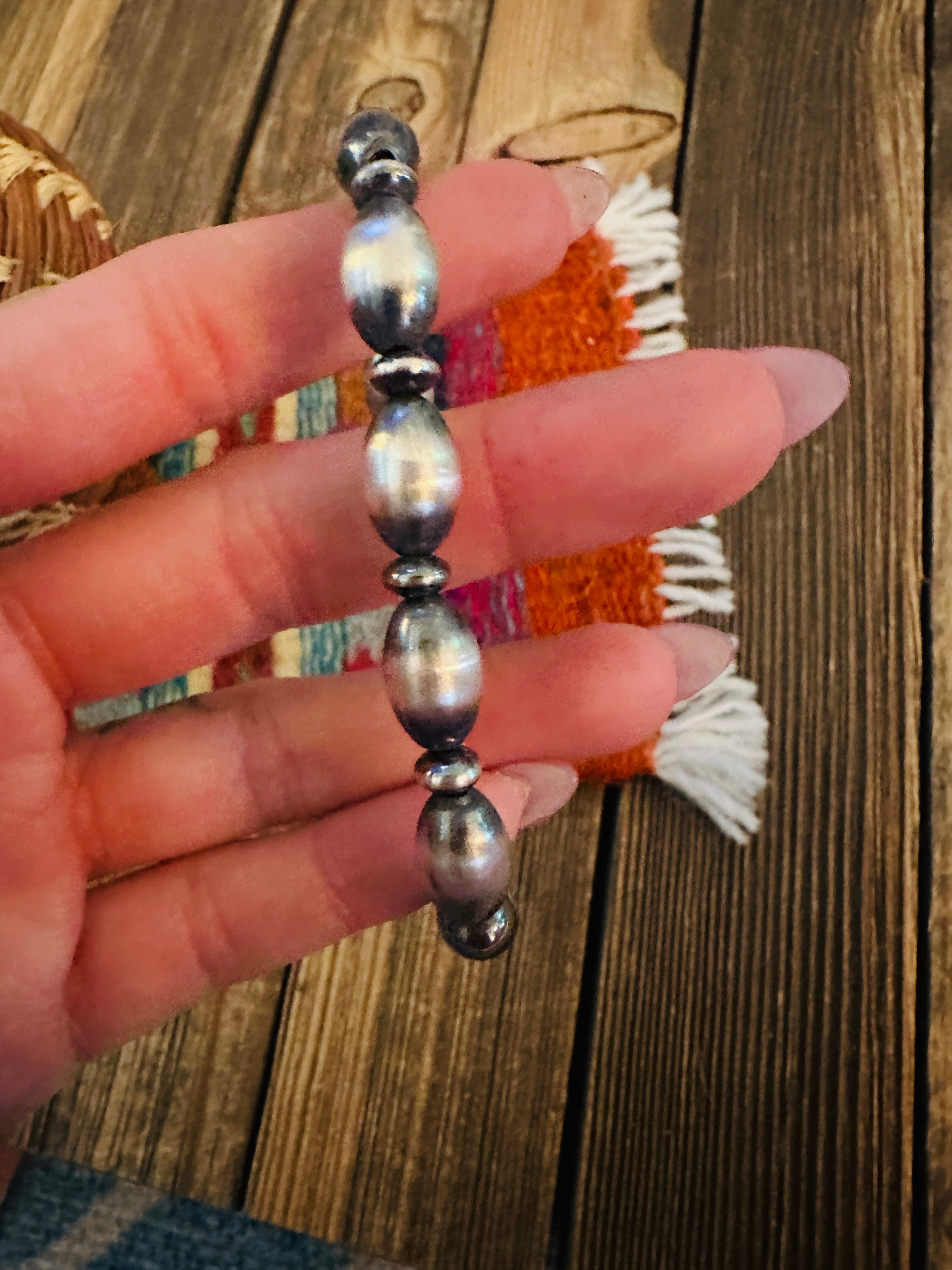 Handcrafed Sterling Silver Pearl Beaded Stretch Bracelet