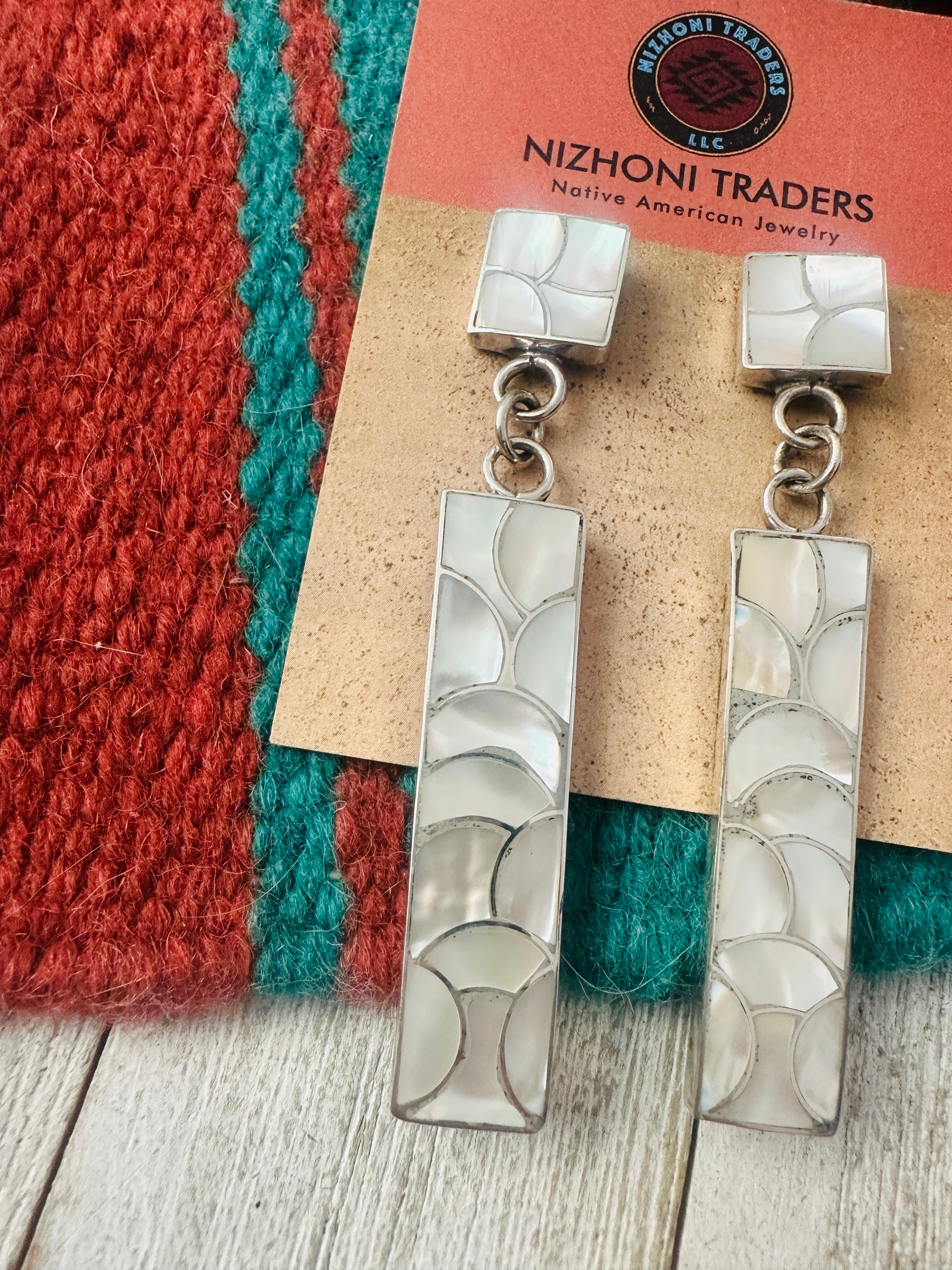 Zuni Sterling Silver & Mother of Pearl Inlay Dangle Earrings