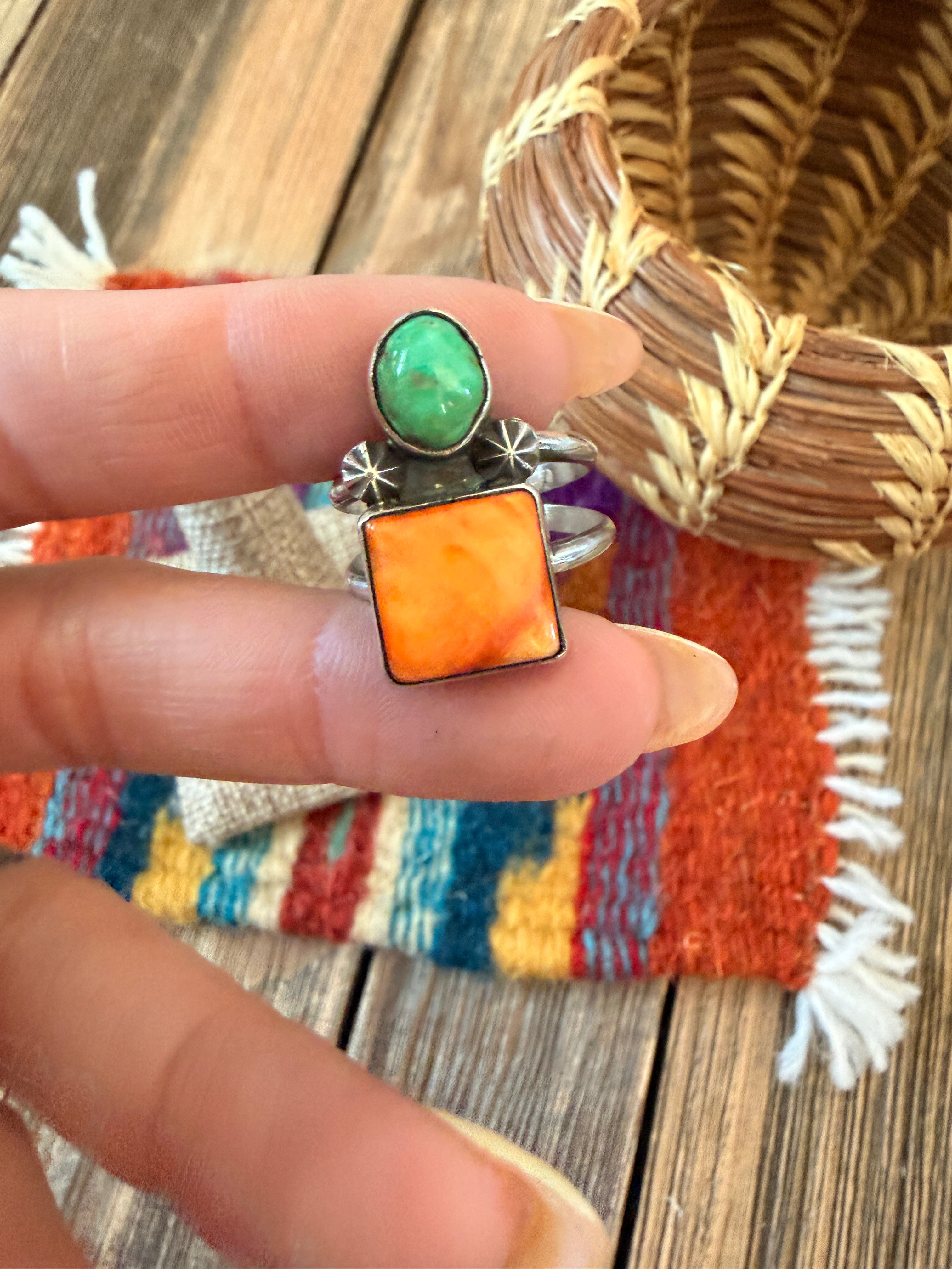 Handcrafted Spiny, Turquoise & Sterling Silver Ring Size 9
