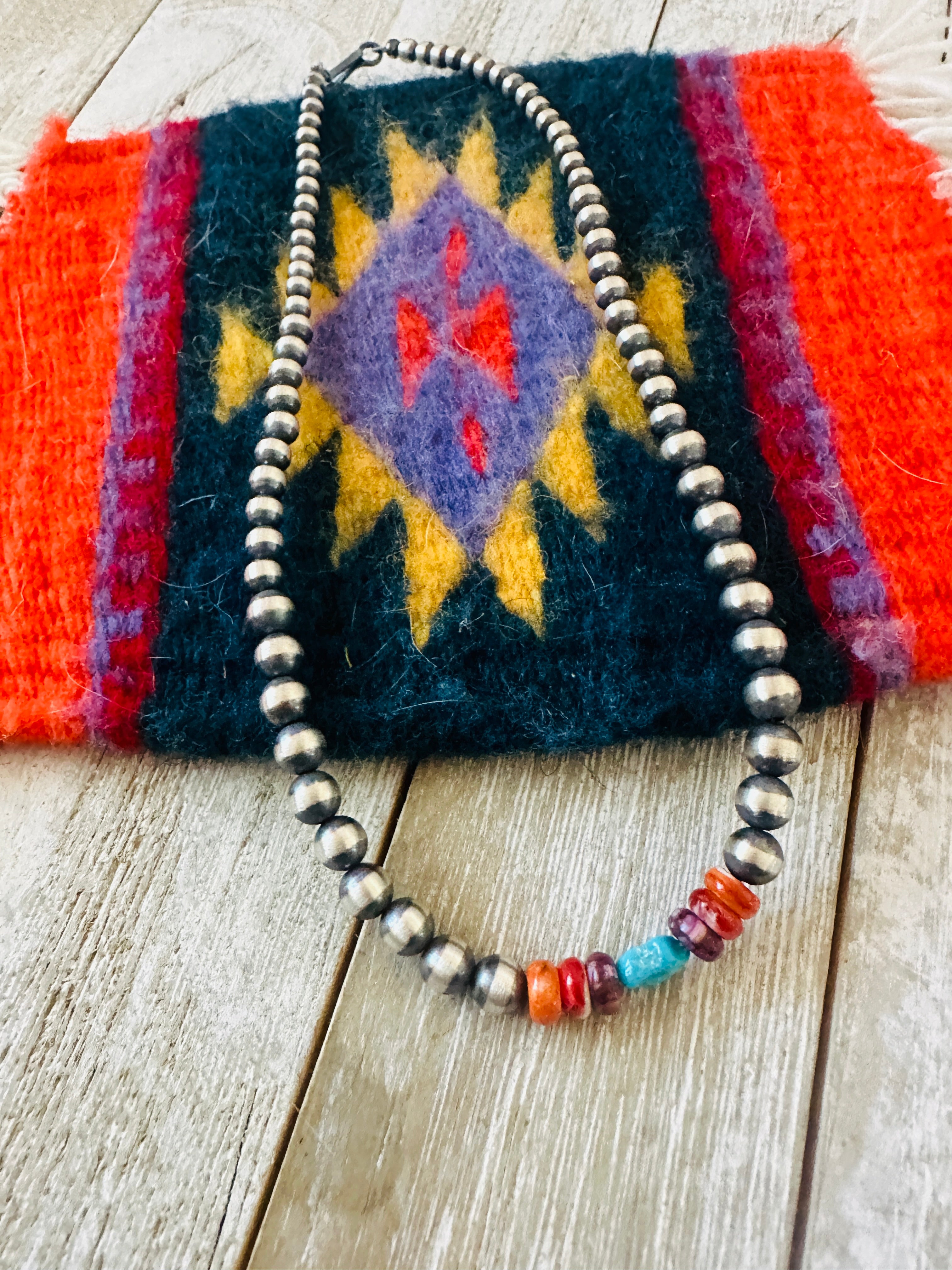 Handcrafted Sterling Silver, Spiny & Turquoise Beaded 14” Necklace