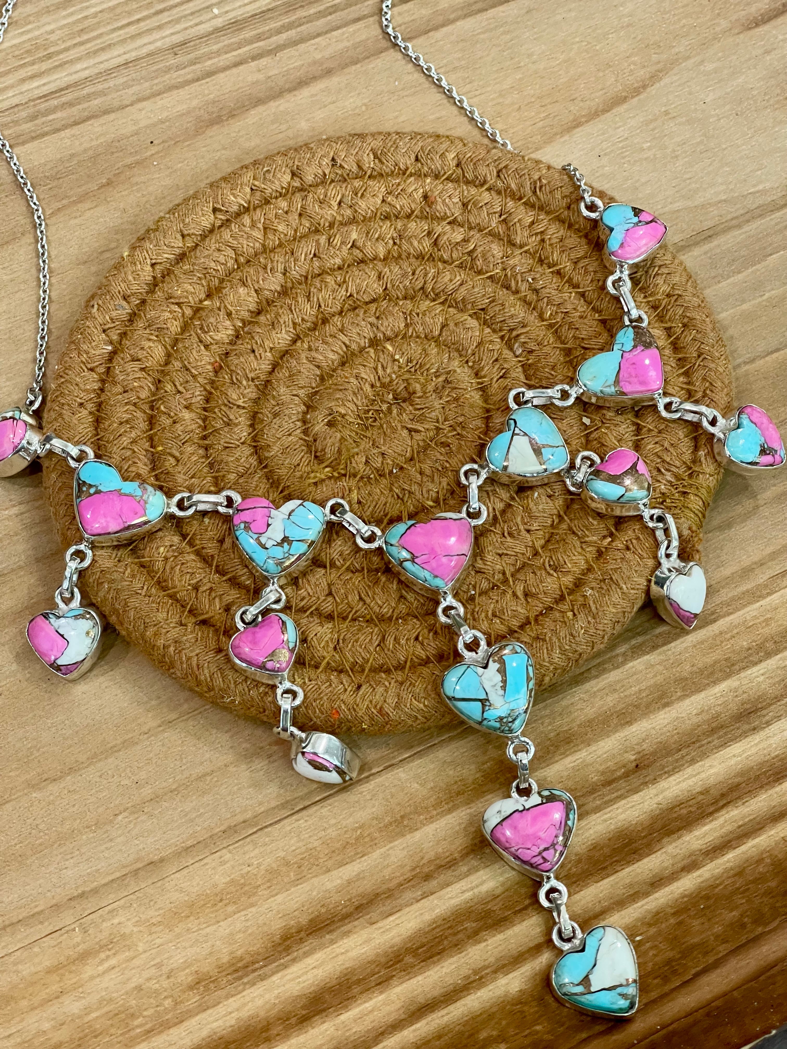 Handmade Sterling Silver Cotton Candy Turquoise Heart Drop Necklace with Signed Nizhoni