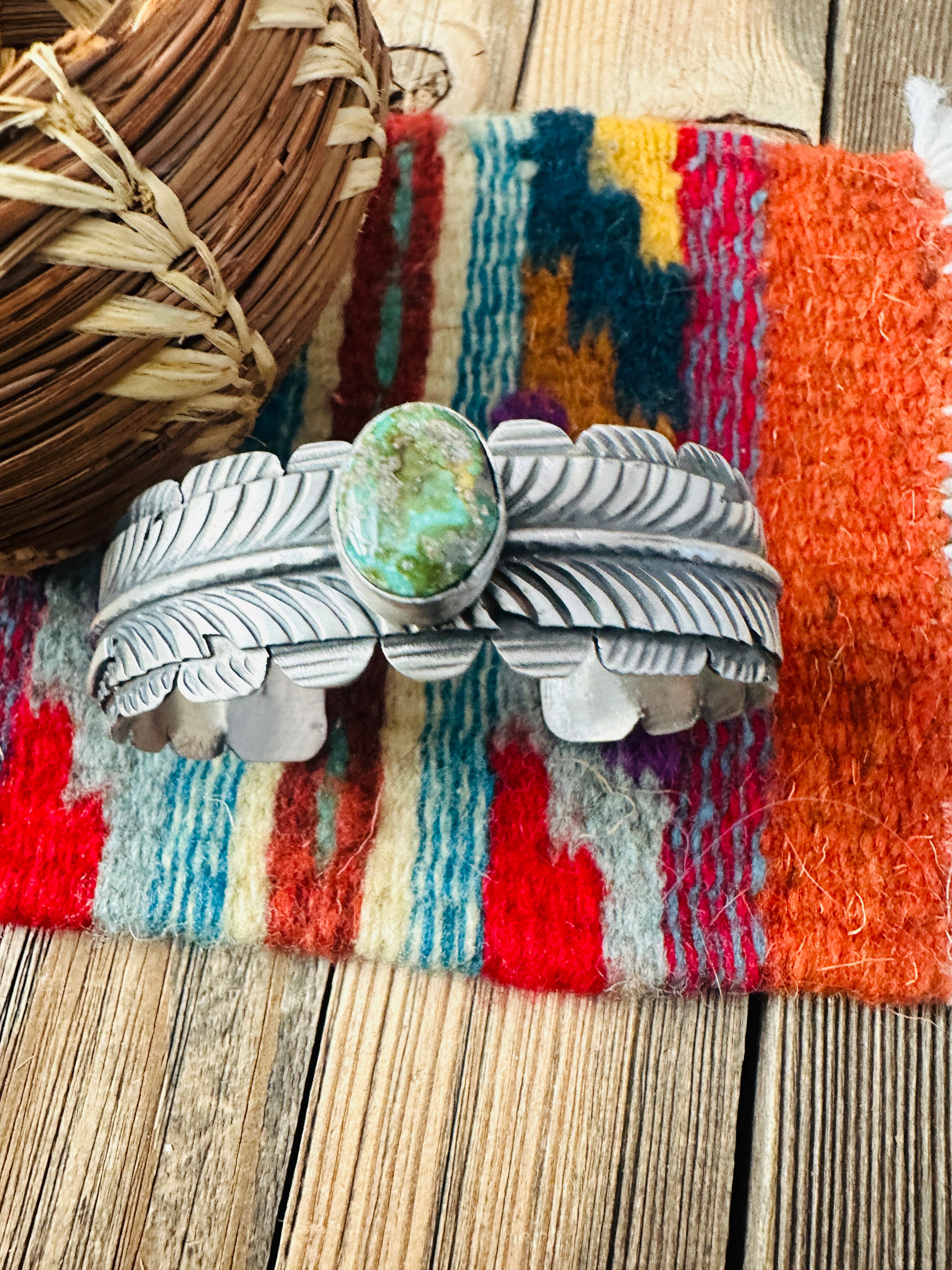 Handcrafted Sonoran Gold Turquoise & Sterling Silver Feather Cuff Bracelet