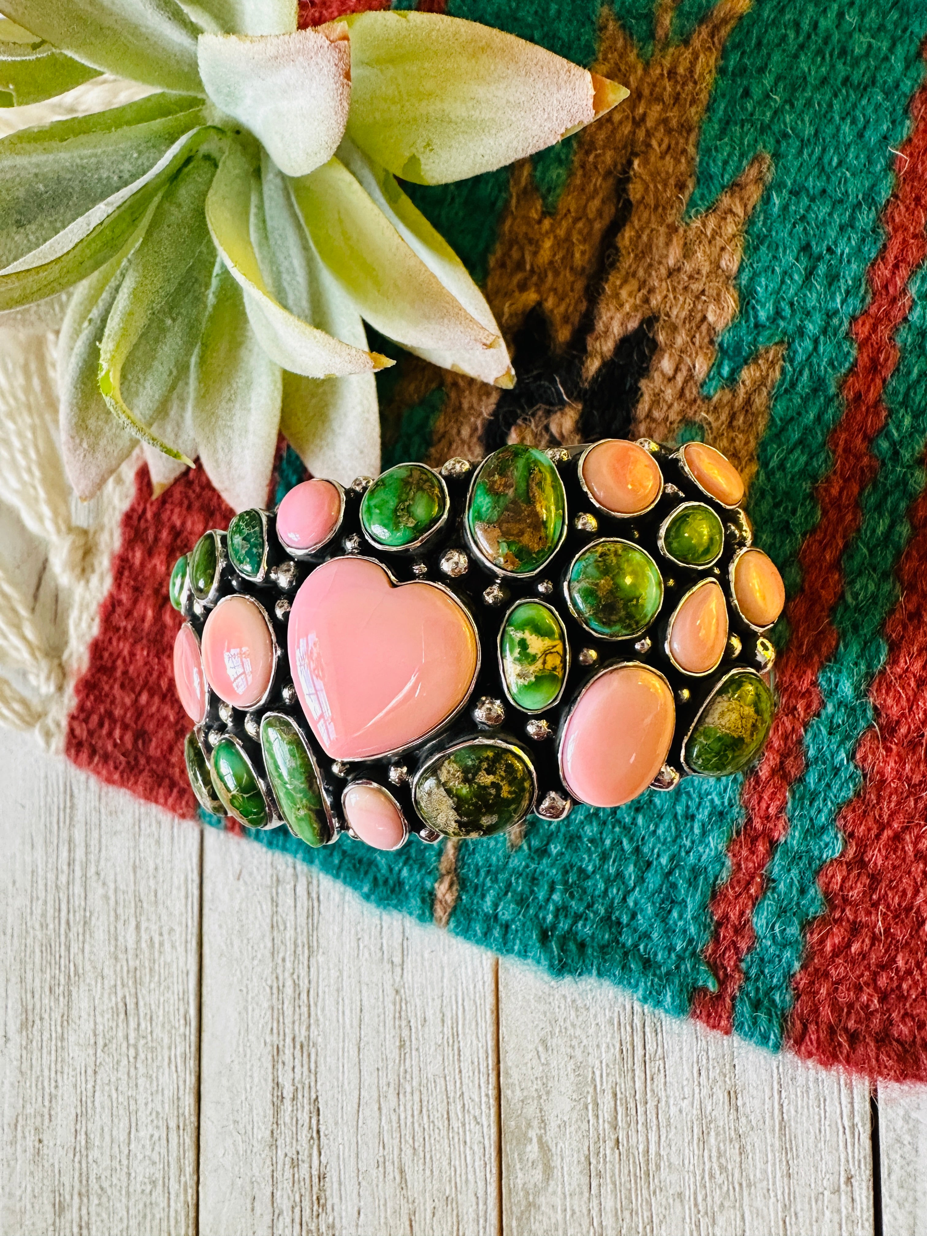 Navajo Sterling Silver, Queen Pink Conch & Turquoise Heart Cuff Bracelet