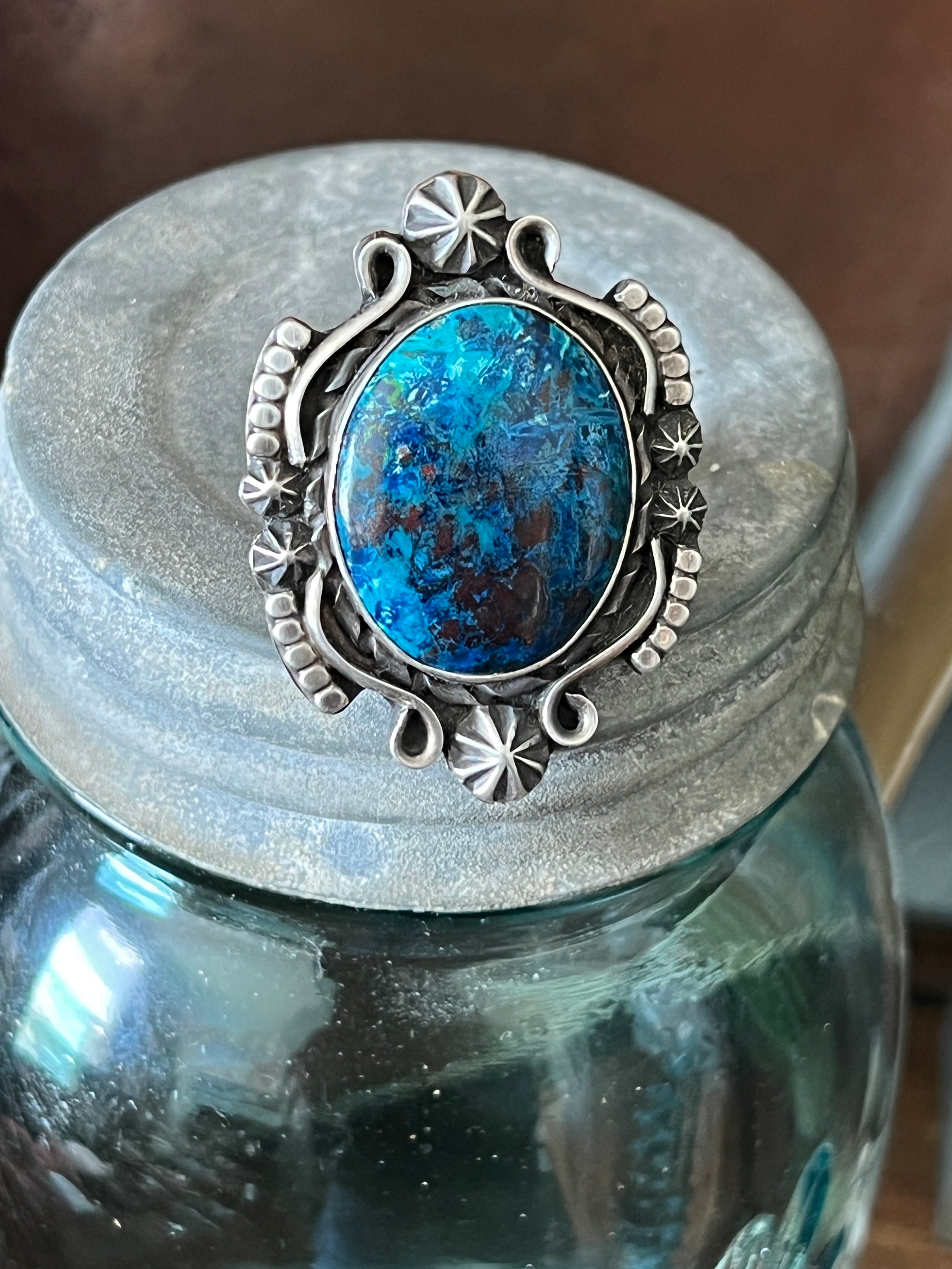 Apache Sterling Silver and Chrysocolla Azurite Ring by Rosella Paxson, Size 7