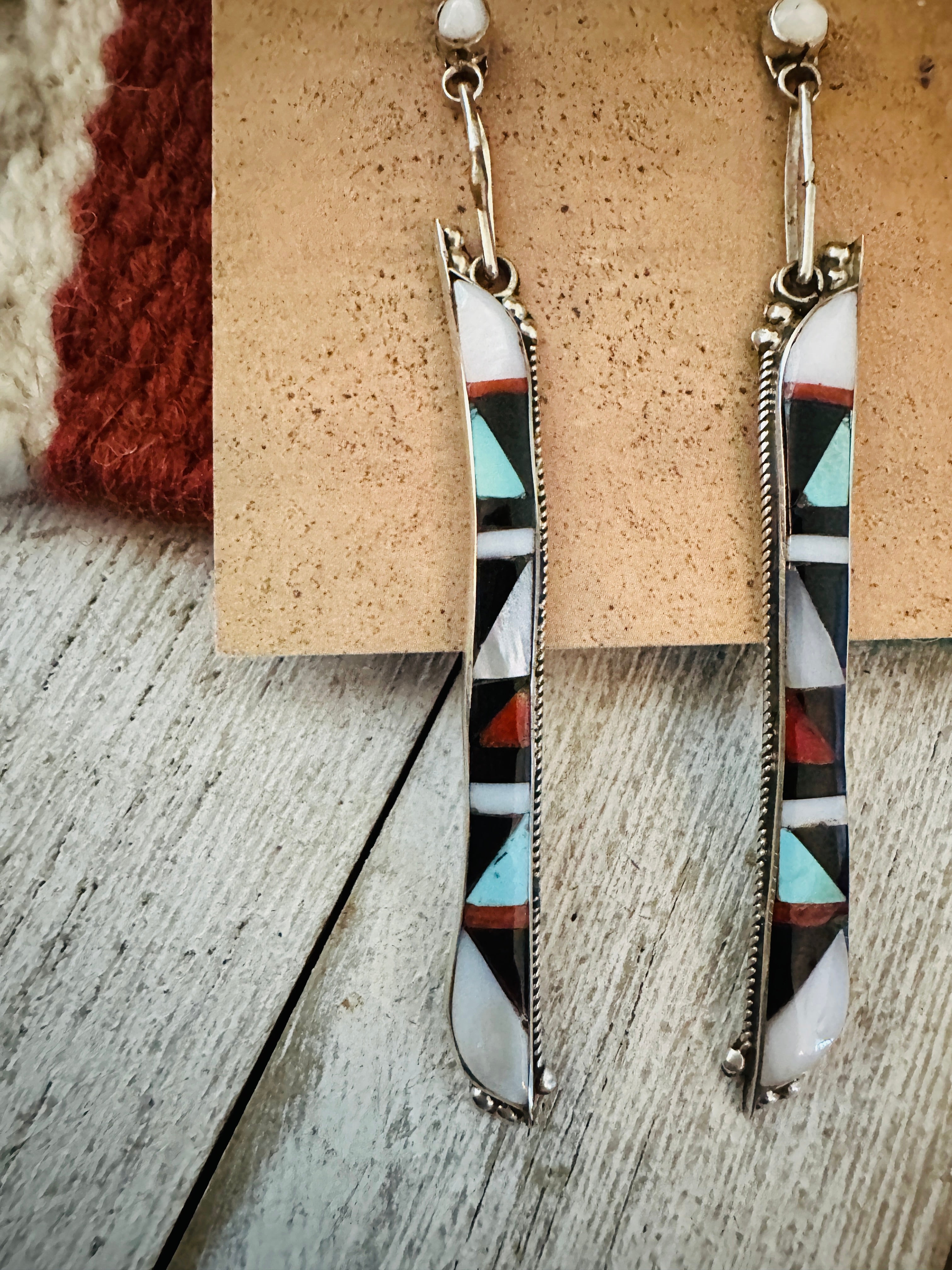 Zuni Multi Stone & Sterling Silver Inlay Dangle Earrings