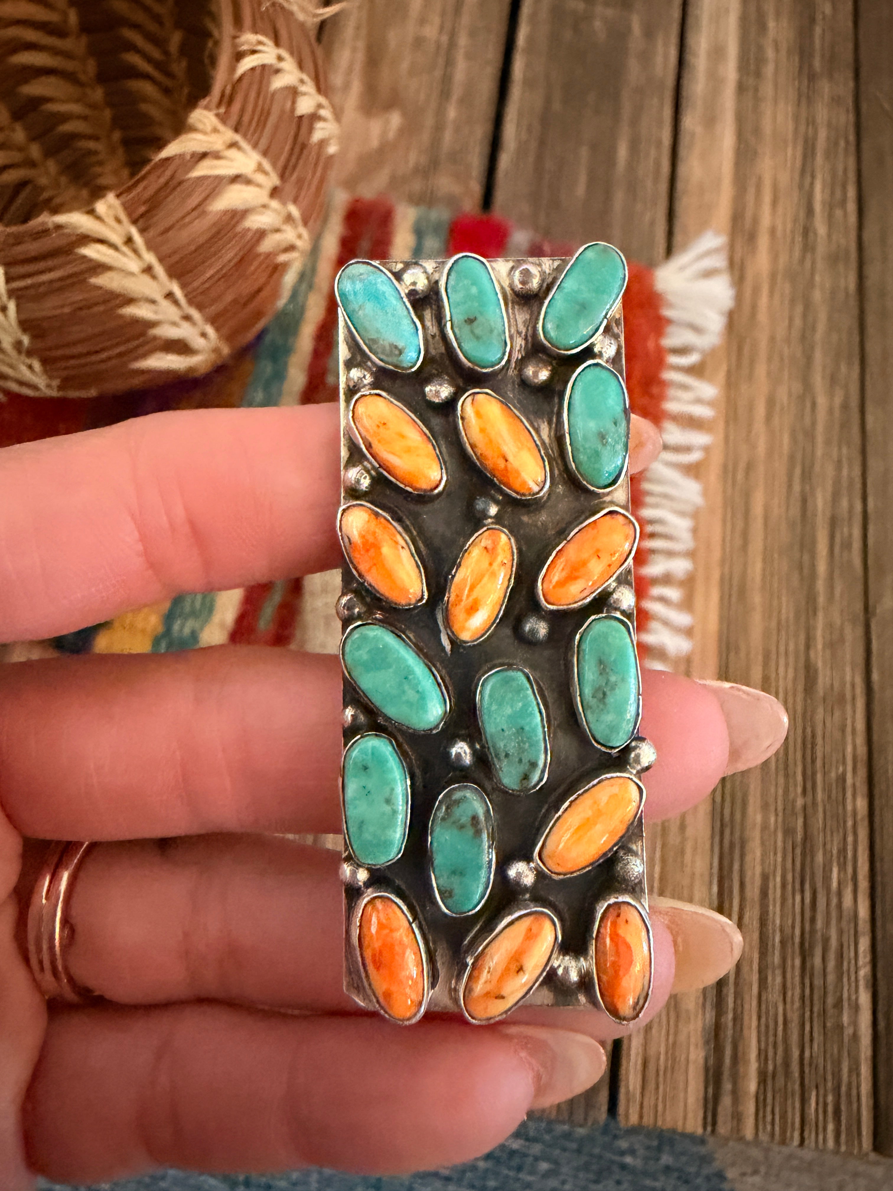 Handcrafted Turquoise, Spiny Oyster & Sterling Silver Cluster Adjustable Ring by Jacqueline Silver