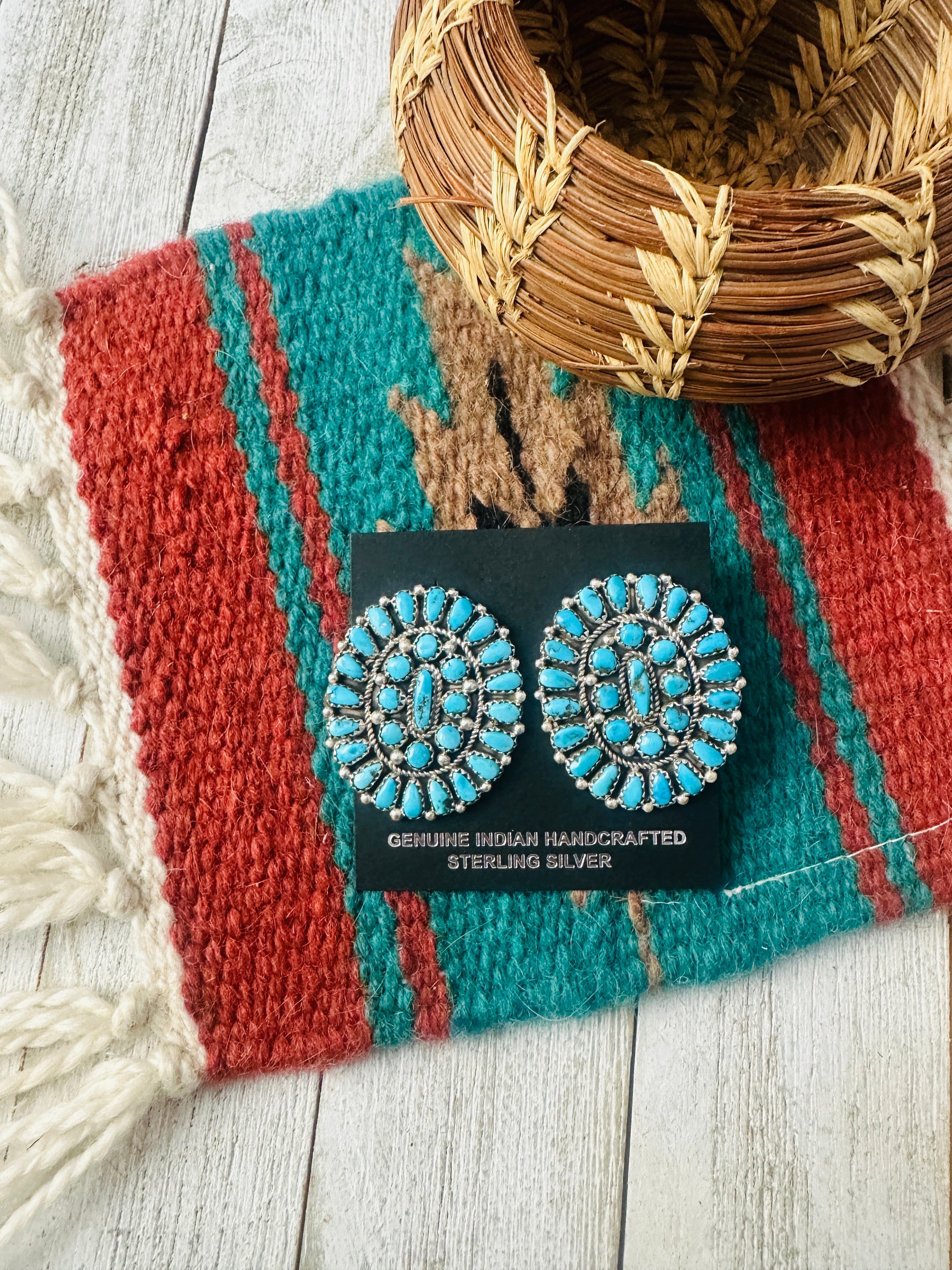 Navajo Sterling Silver & Kingman Turquoise Cluster Post Earrings