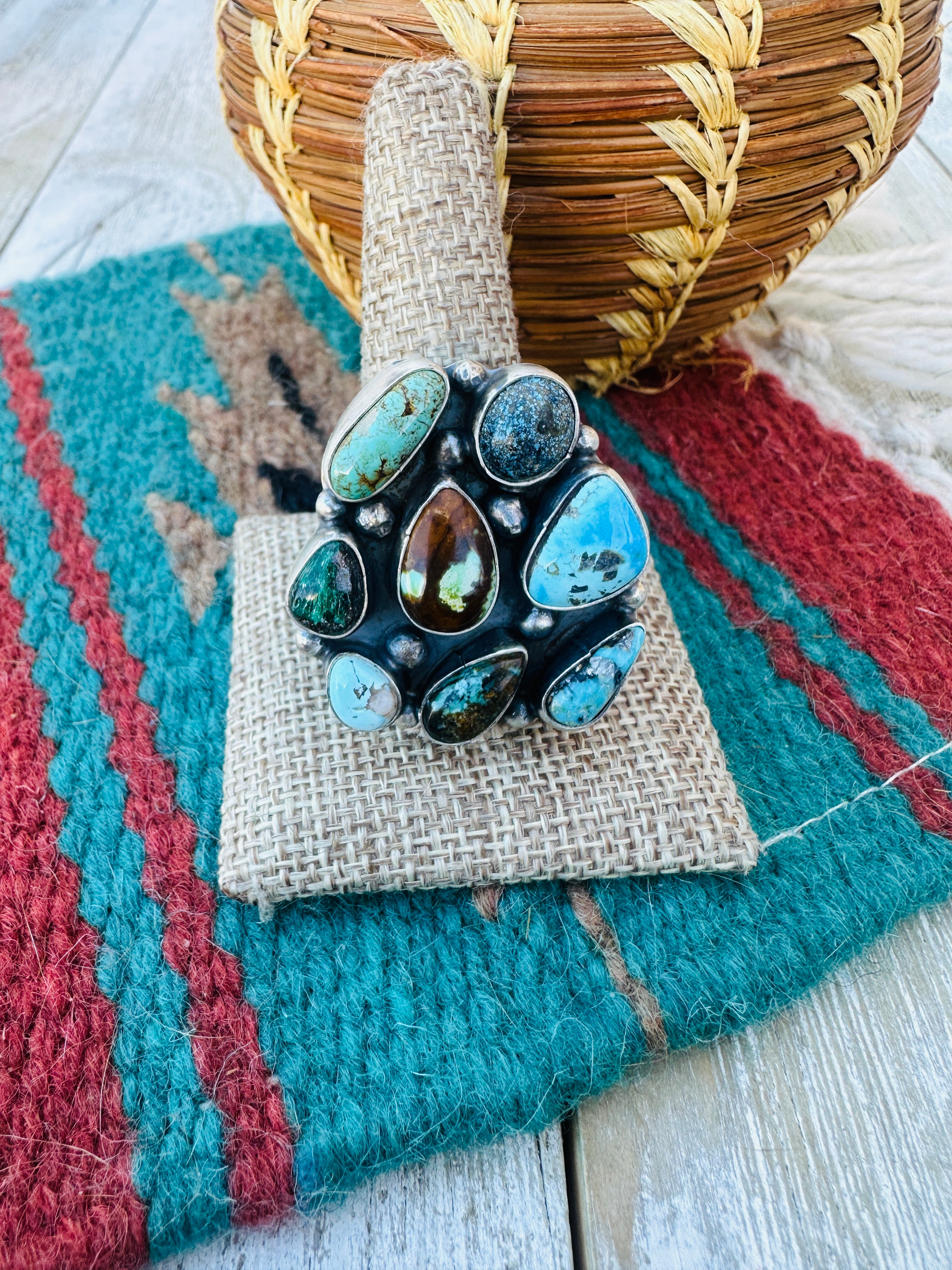 Hand Crafted Multi Turquoise & Sterling Silver Cluster Adjustable Ring by Sheila Becenti