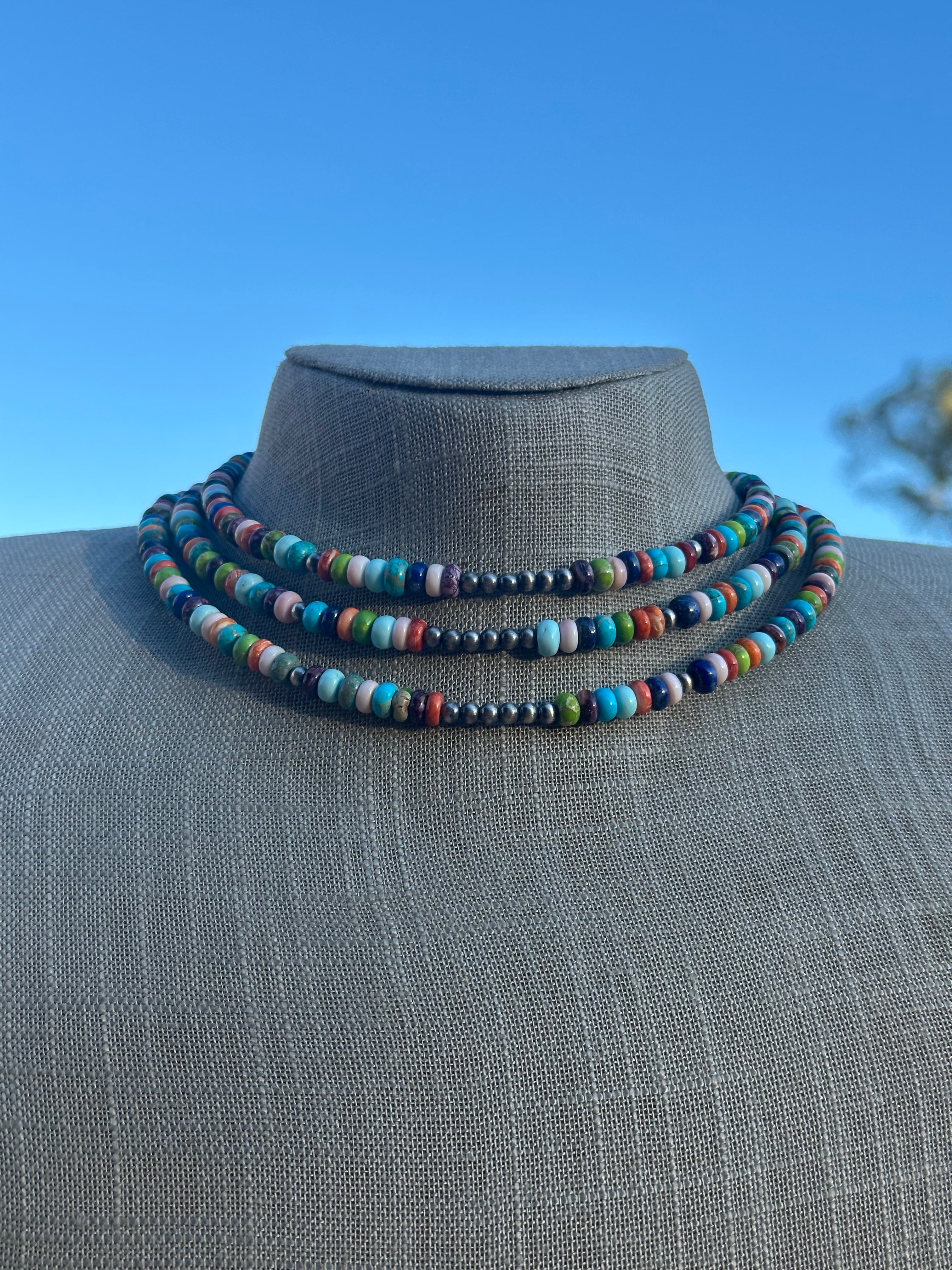 Navajo Handmade Multi Stone & Sterling Silver Beaded Wrap Choker Necklace