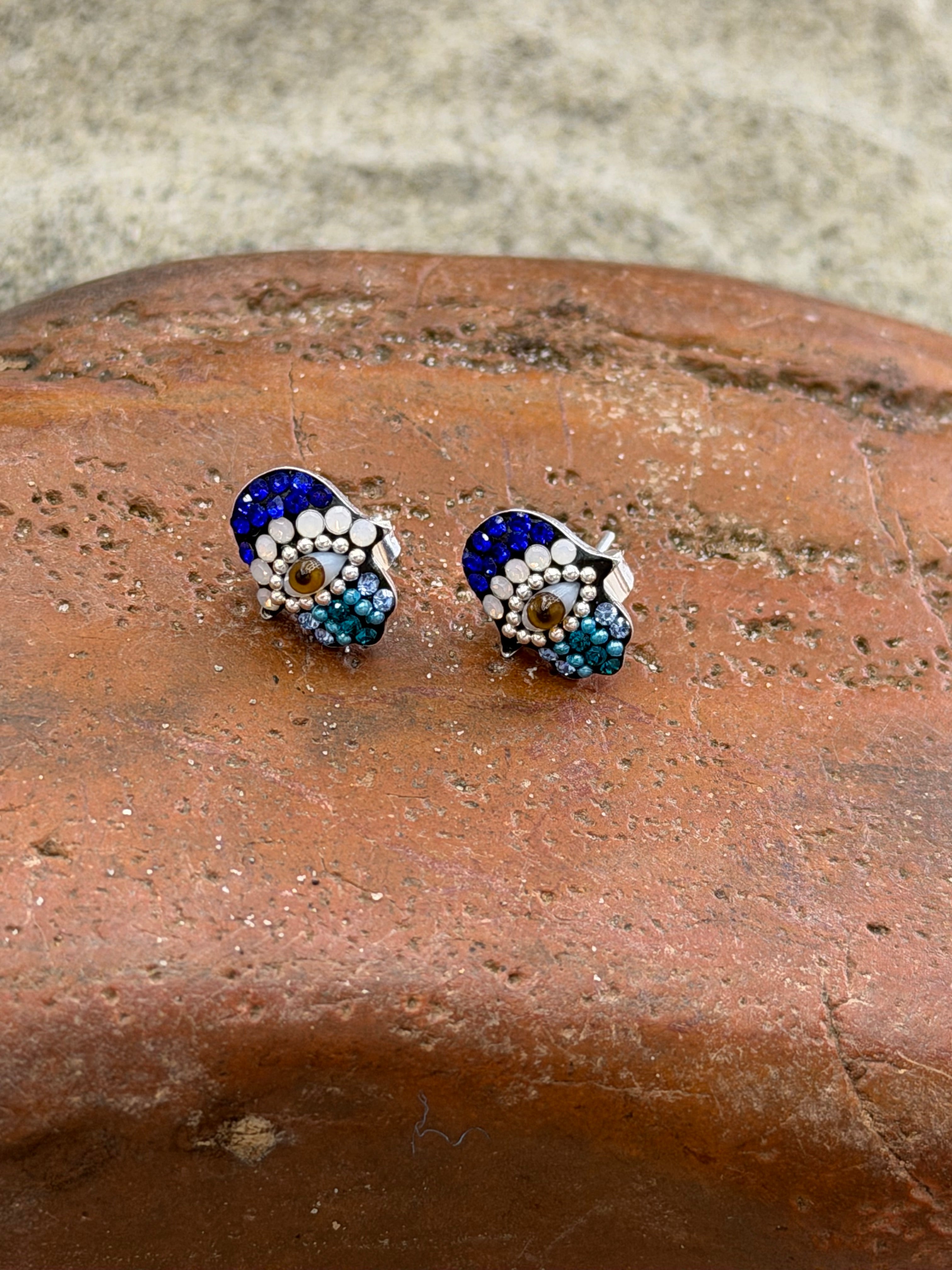 Hamsa Blue Evil Eye Sterling Silver Stud Earrings