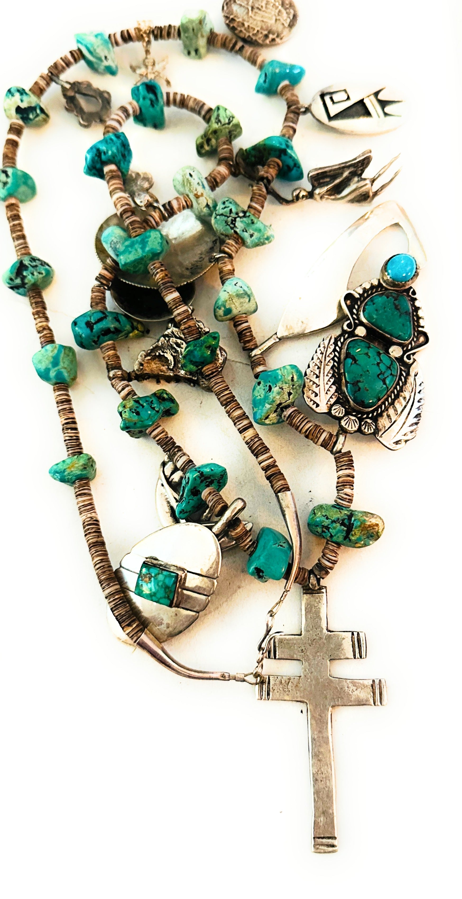 Vintage Old Pawn Navajo Turquoise & Sterling Silver Beaded Charm Necklace