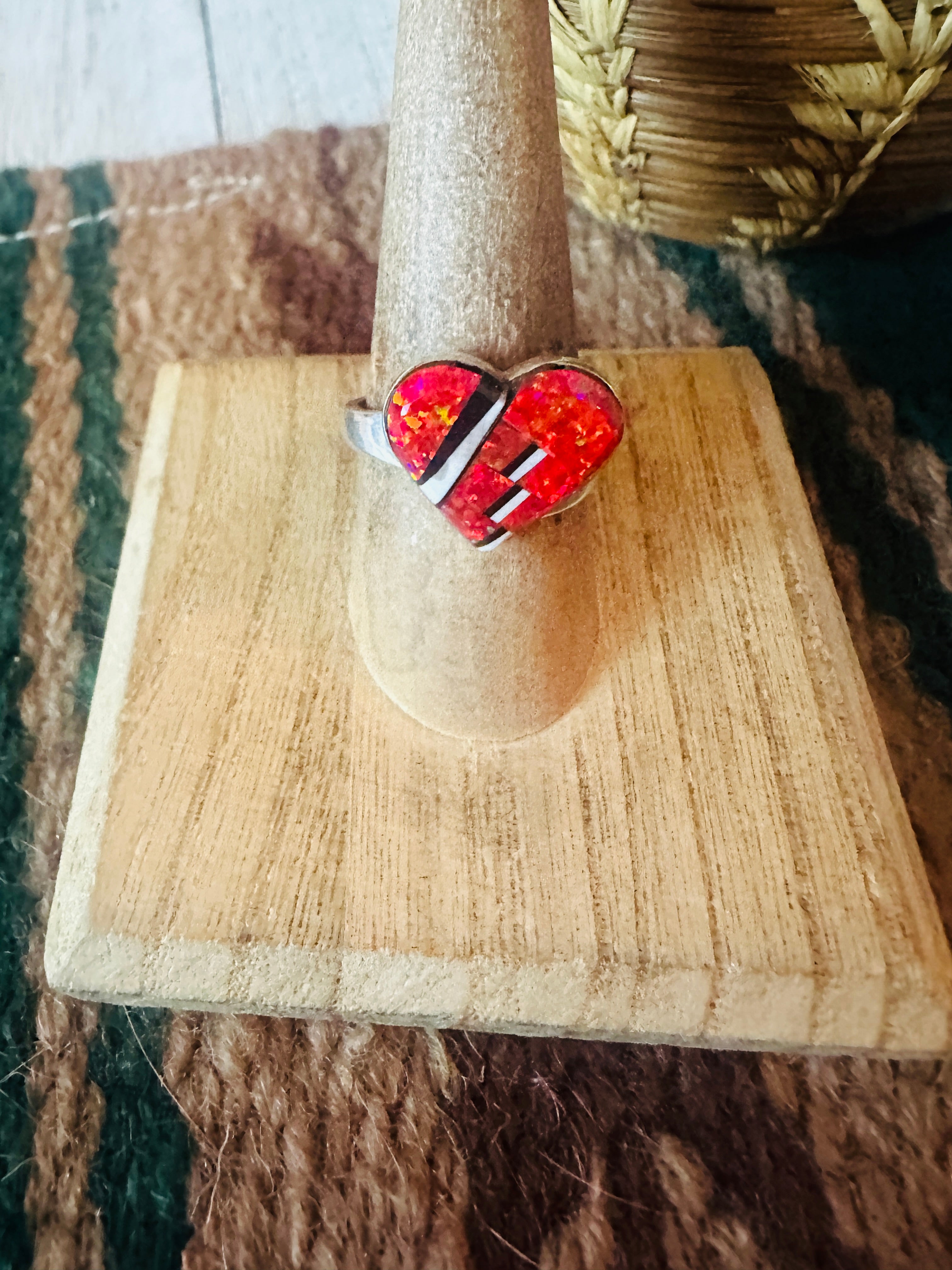 Navajo Sterling Silver & Multi Stone Inlay Adjustable Heart Ring