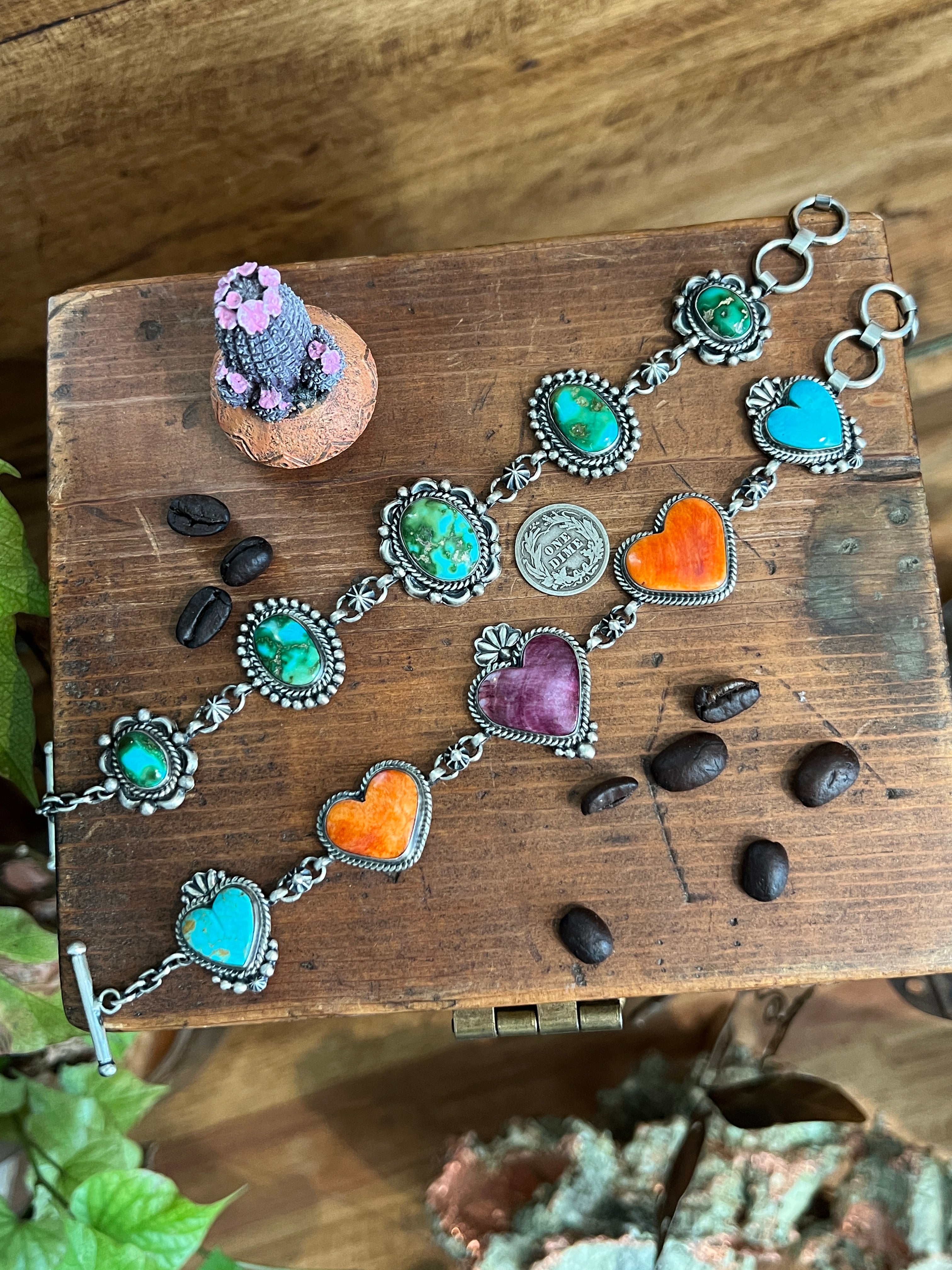 Diane Wylie Handcrafted Sterling Silver, Spiny Oyster & Turquoise Link Bracelets