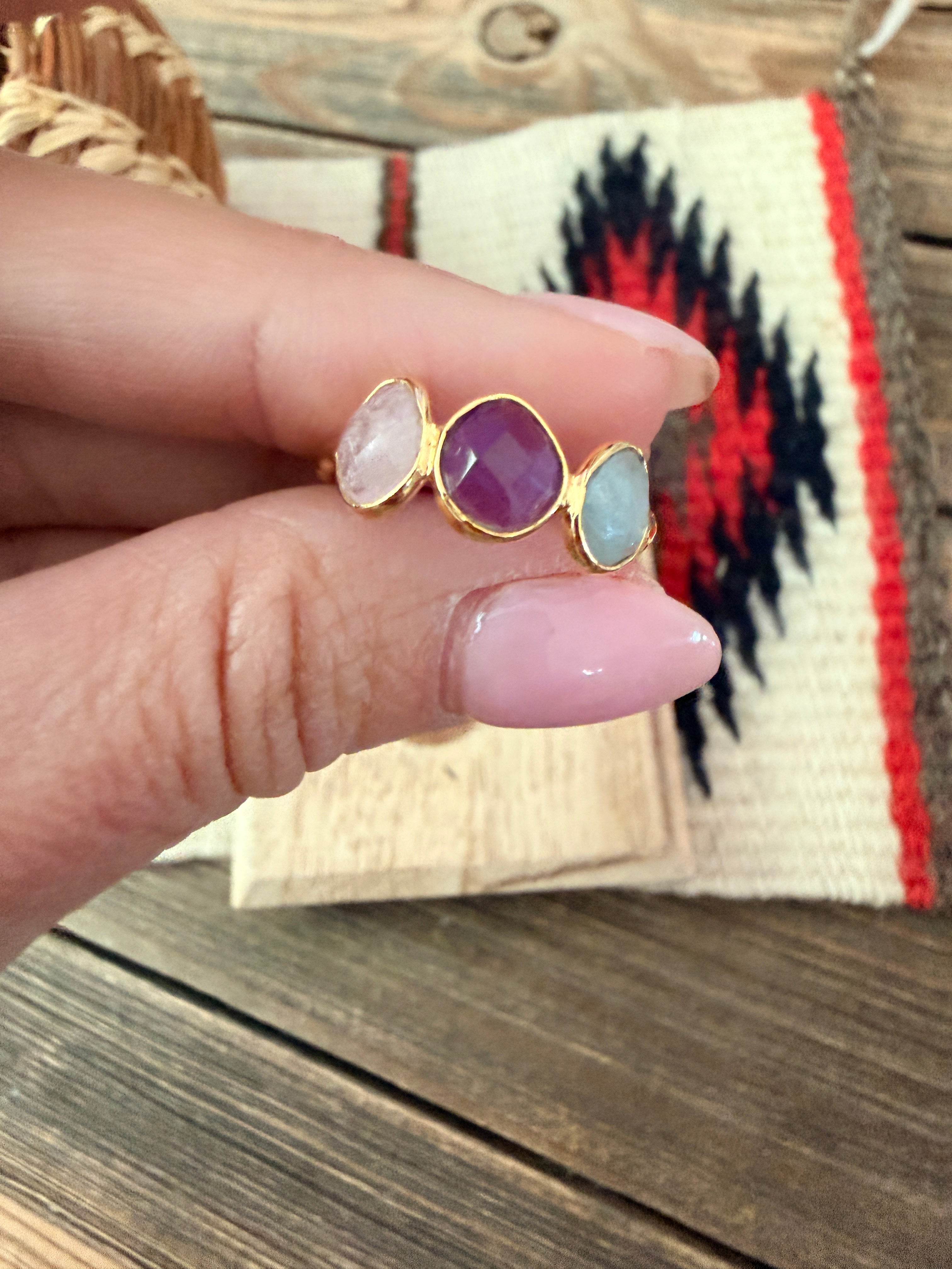 Handmade 18K Gold Vermeil Sterling Silver & Multi Stone Ring Size 7