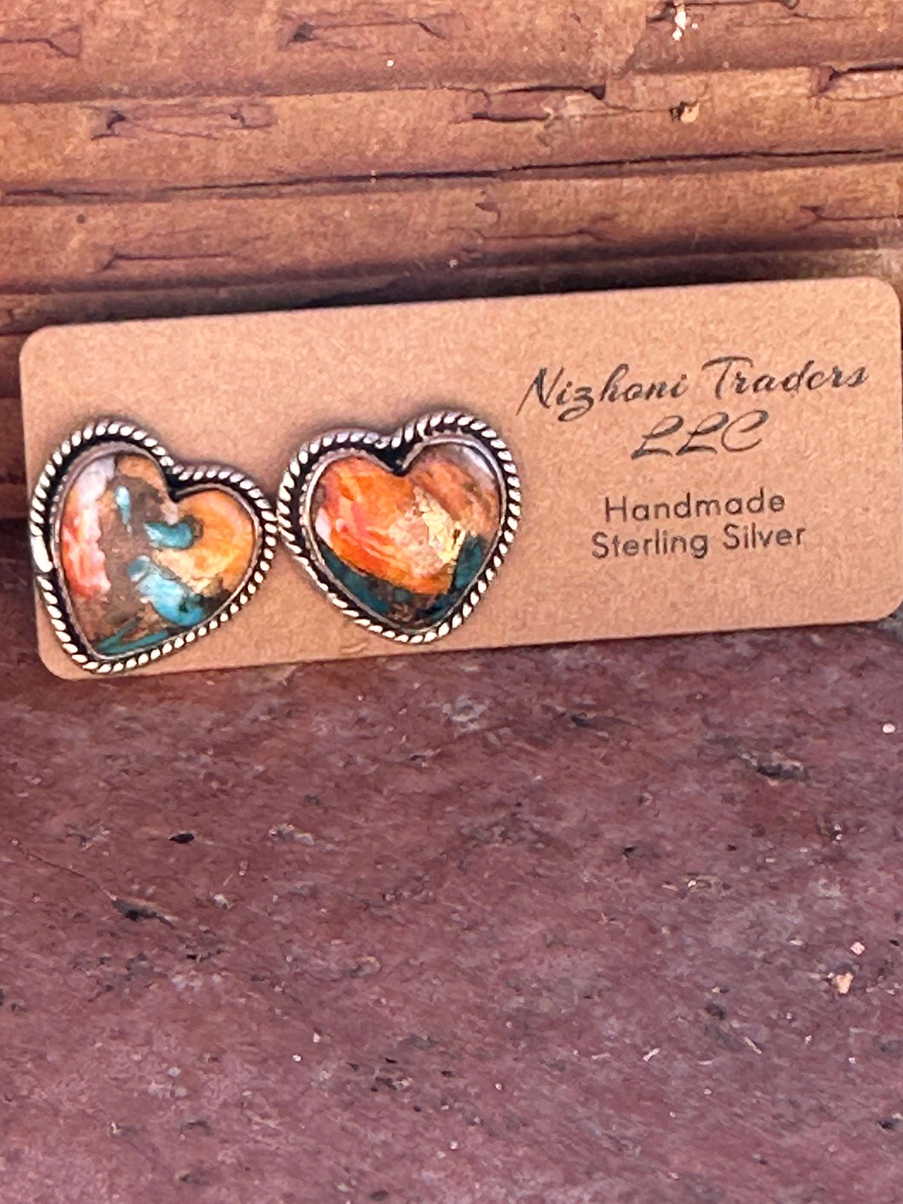 Handmade Spice and Sterling Silver Heart Earrings Signed Nizhoni