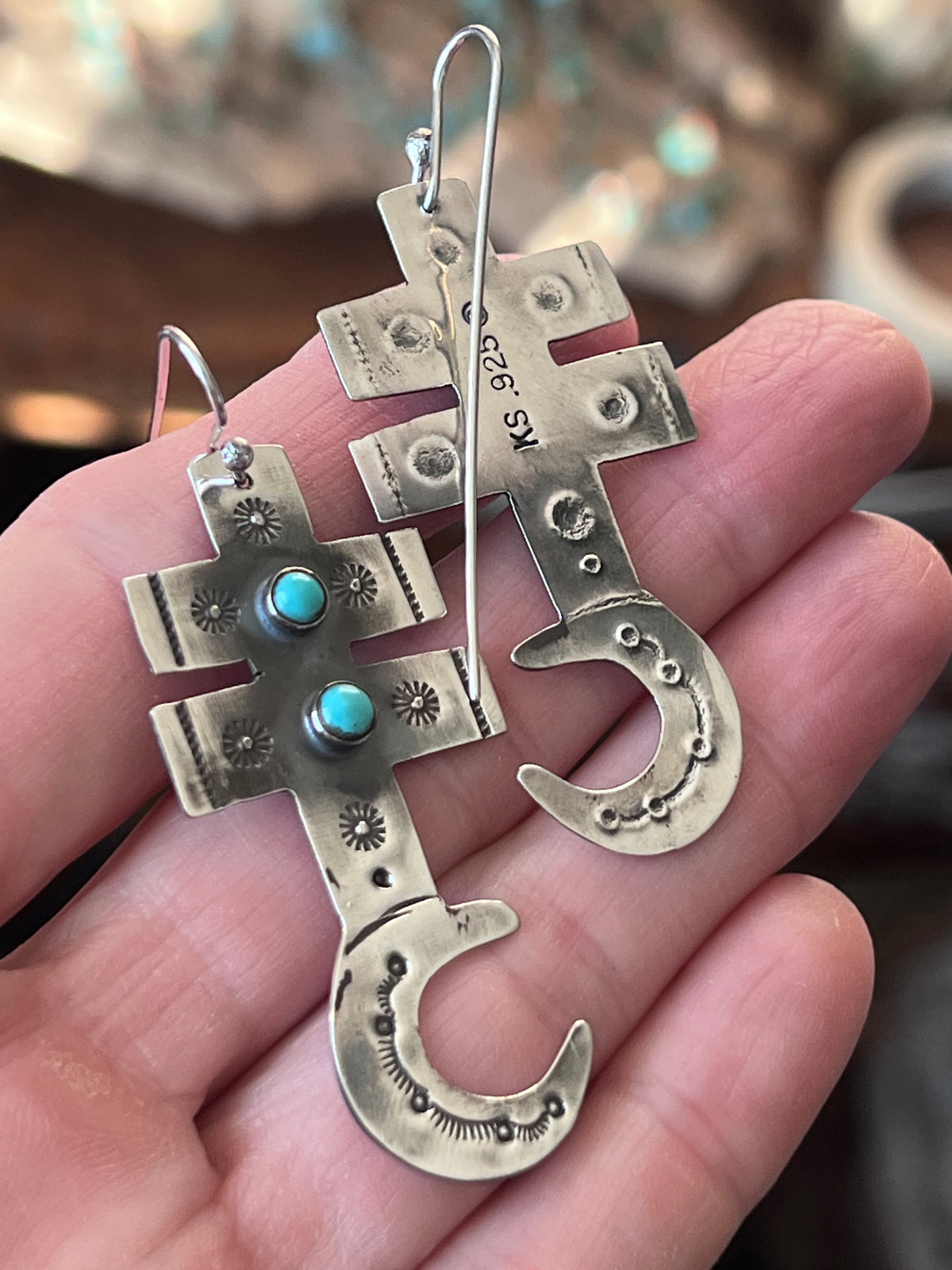 Hand Stamped Sterling Silver Dragonfly Cross Crescent Moon Dangle Earrings with Kingman Turquoise by Kimari Somers, Squared Bars