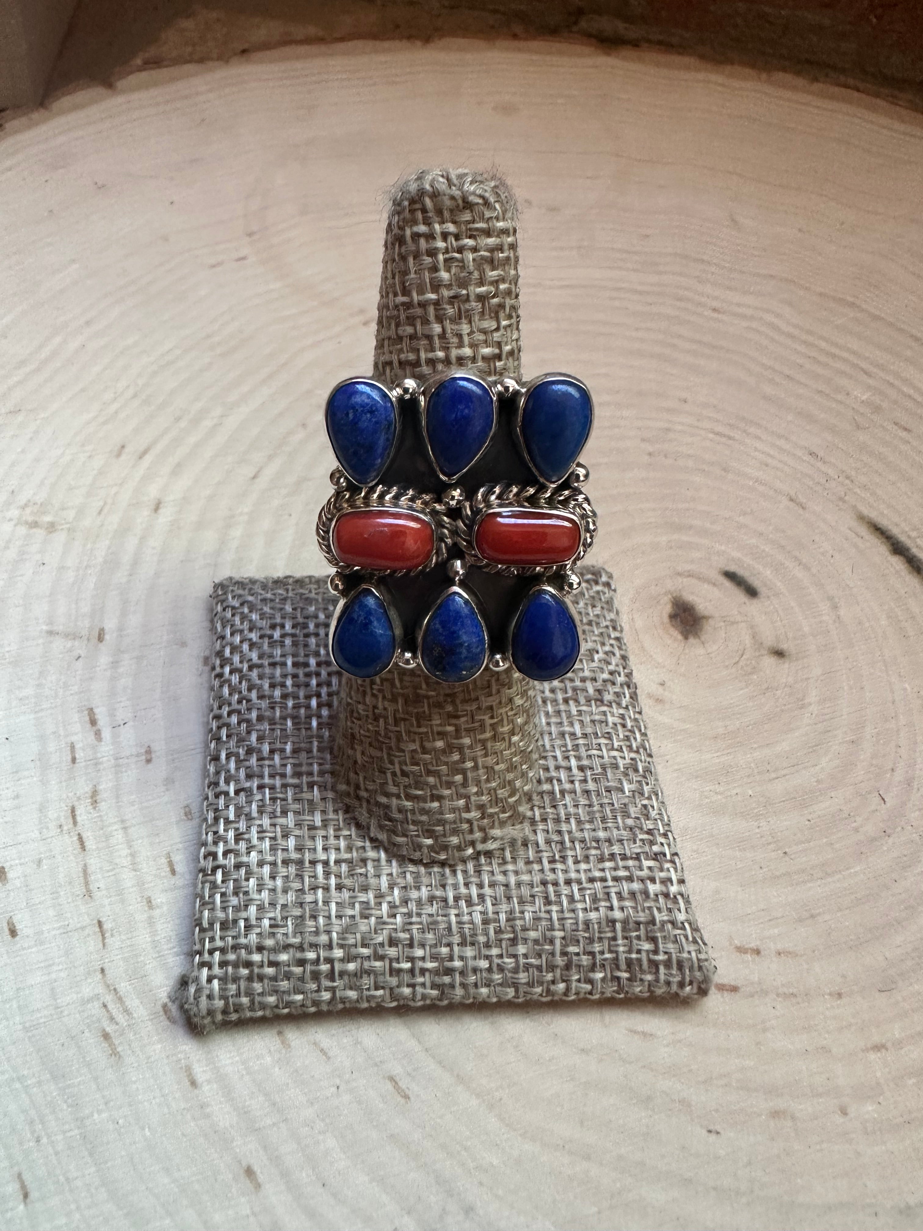 Handmade Coral, Lapis & Sterling Silver Adjustable Ring Signed Nizhoni