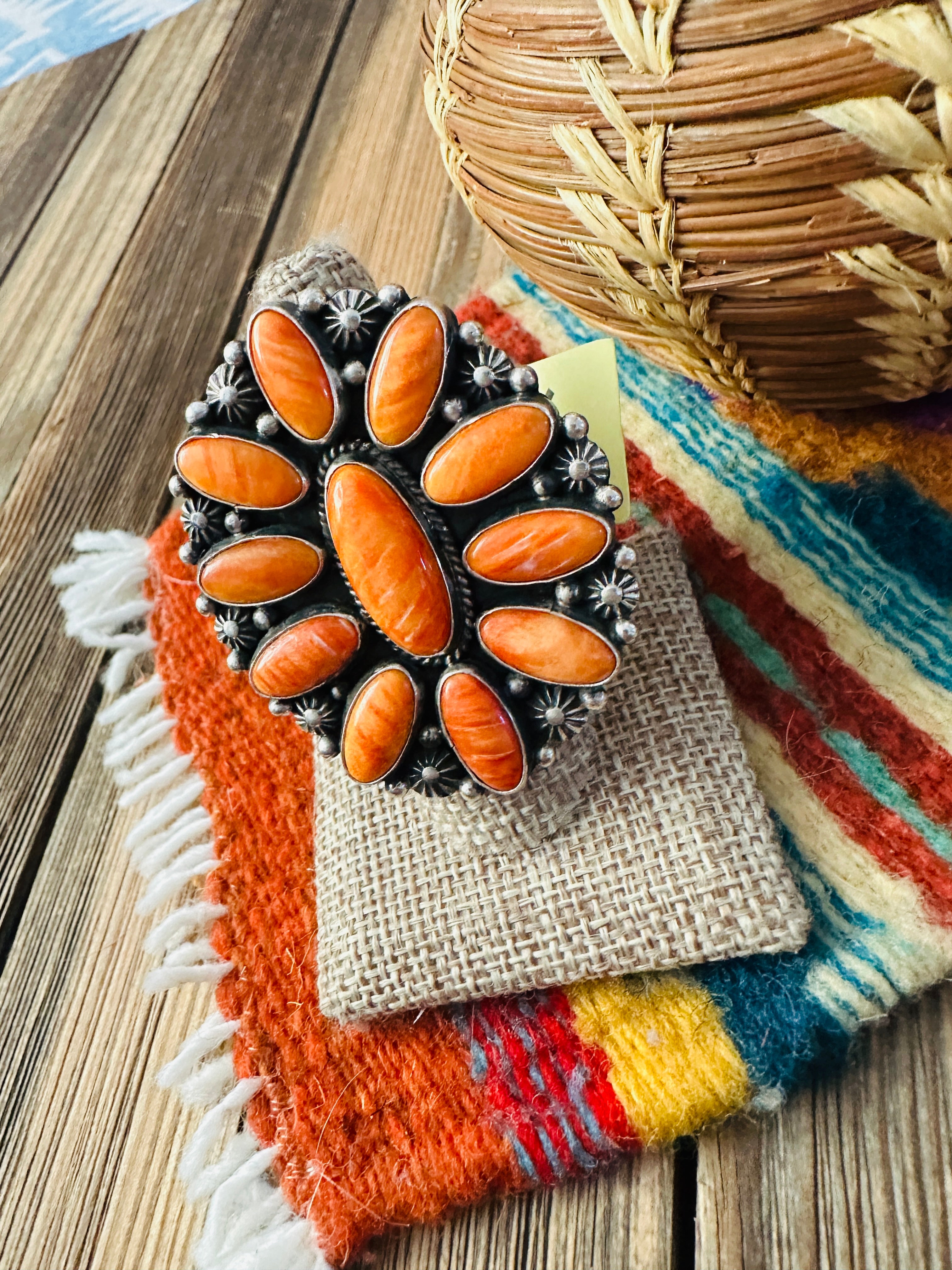 Old Pawn Handcrafted Spiny Oyster & Sterling Silver Cluster Ring Size 10