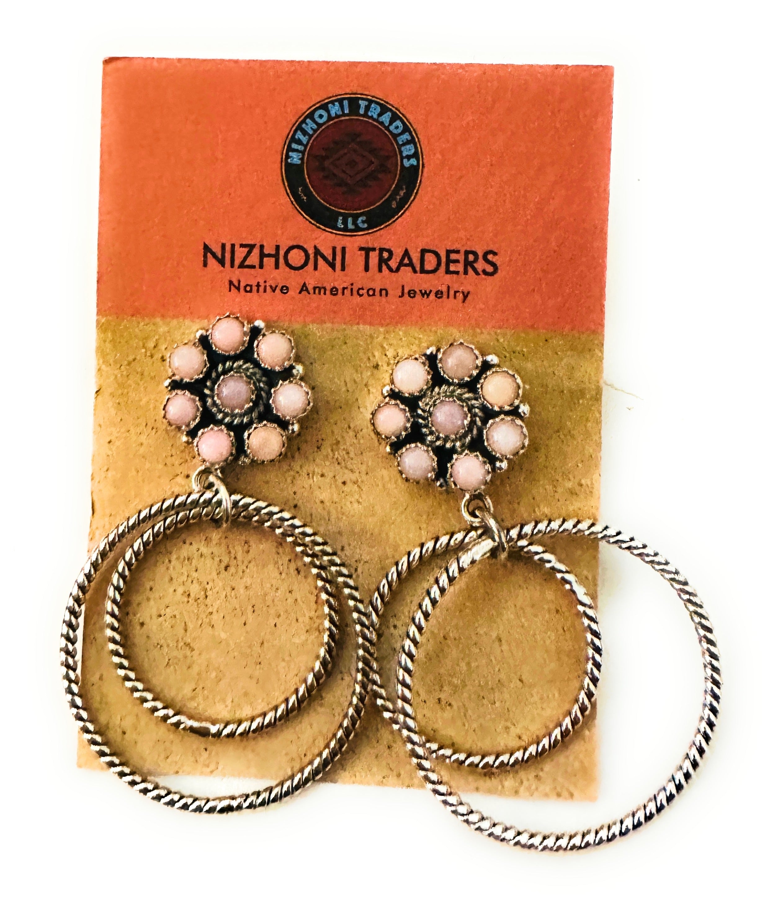 Handmade Queen Pink Conch & Sterling Silver Cluster Circle Dangle Earrings Signed Nizhoni