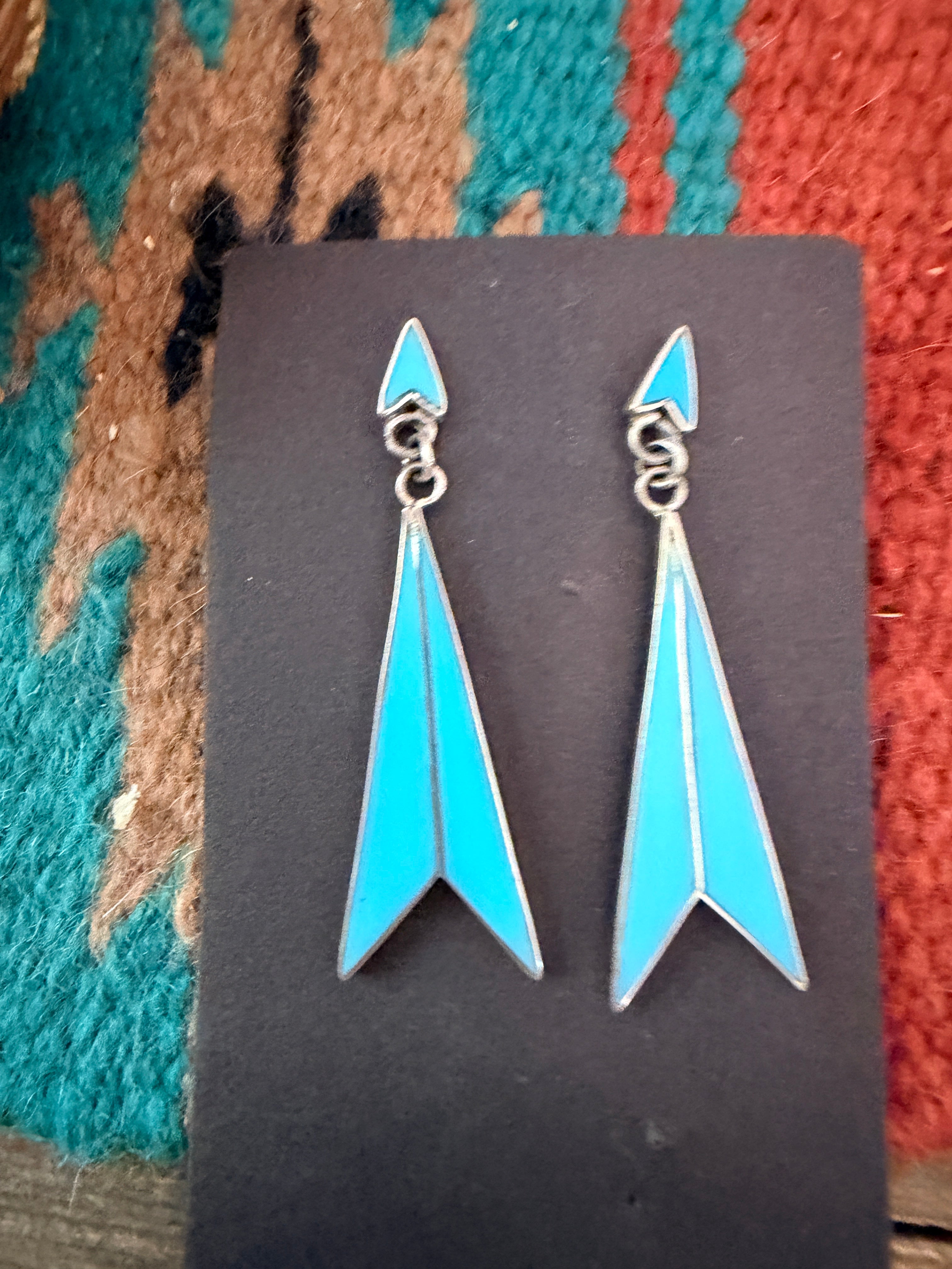 Old Pawn Handcrafted Sterling Silver & Turquoise Inlay Dangle Earrings