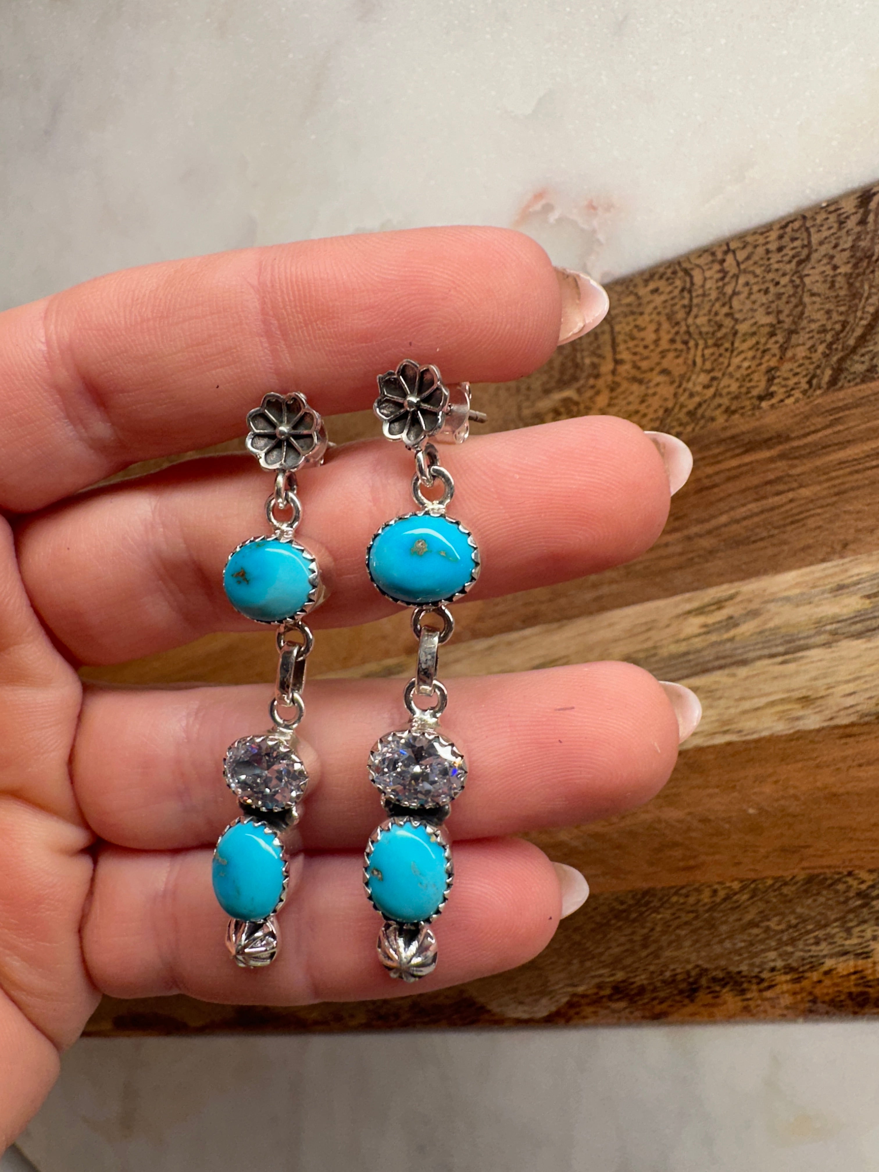 Handmade Sonoran Mountain Turquoise, CZ and Sterling Silver Flower Post Dangle Earrings more blues