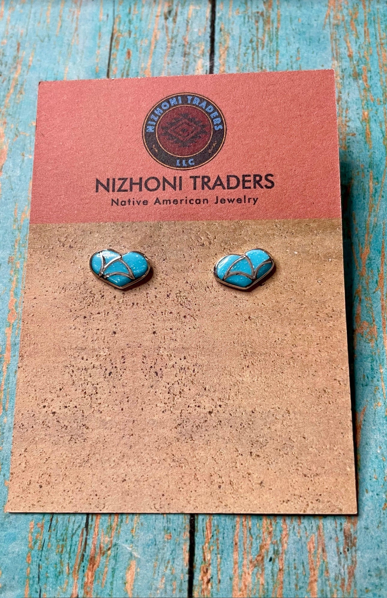 Zuni Sterling Silver & Turquoise Inlay Stud Heart Earrings